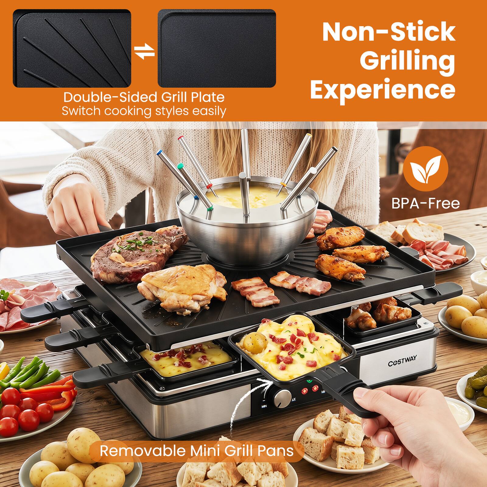 Double-Sided Grill Plate  
Switch cooking styles easily  
Non-Stick Grilling Experience  
BPA-Free  
COSTWAY  
Removable Mini Grill Pans