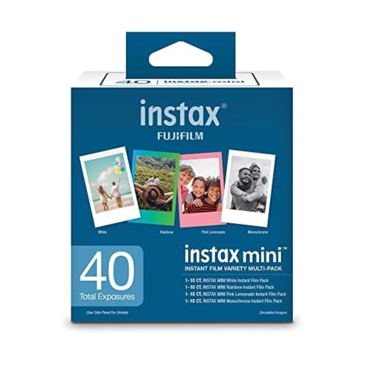 4LO InSTRAmD instax FUJIFILM -e 40 Total Exposures Cen S Pecel Fer Cntekn Phetew Fuk Lenveade Manociome instax mini INSTANT FILM VARIETY MULTI-PACK 10 C. INSTAX MNN White Instant Film Pack 1-10 . INSTAX MN Rainbow Instant Film Pack -10 C. INSTAX MN Pink Lemonade Instant Film Pack 10 CT. INSTAX MN4 Monochrome Instant Film Pack Smoed eaar