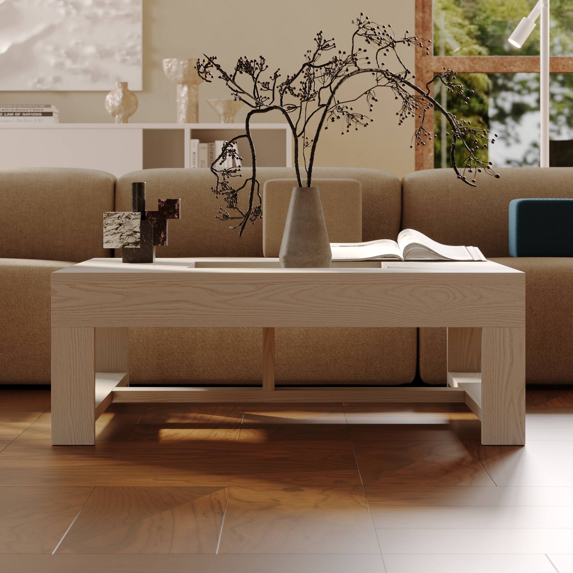 Angle. FUFU&GAGA - Japanese Style Hollow Coffee Table with Central Storage and Minimalist Frame for Living Room - Off-White.