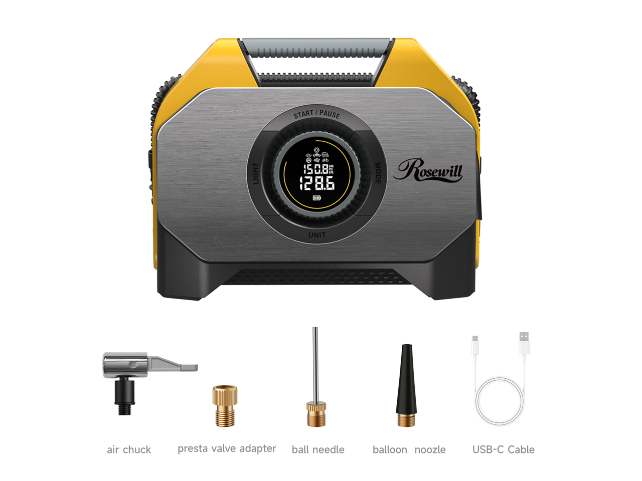 START / PAUSE  
LIGHT  
MODE  
UNIT  

Rosewill  

air chuck  
presta valve adapter  
ball needle  
balloon nozzle  
USB-C Cable