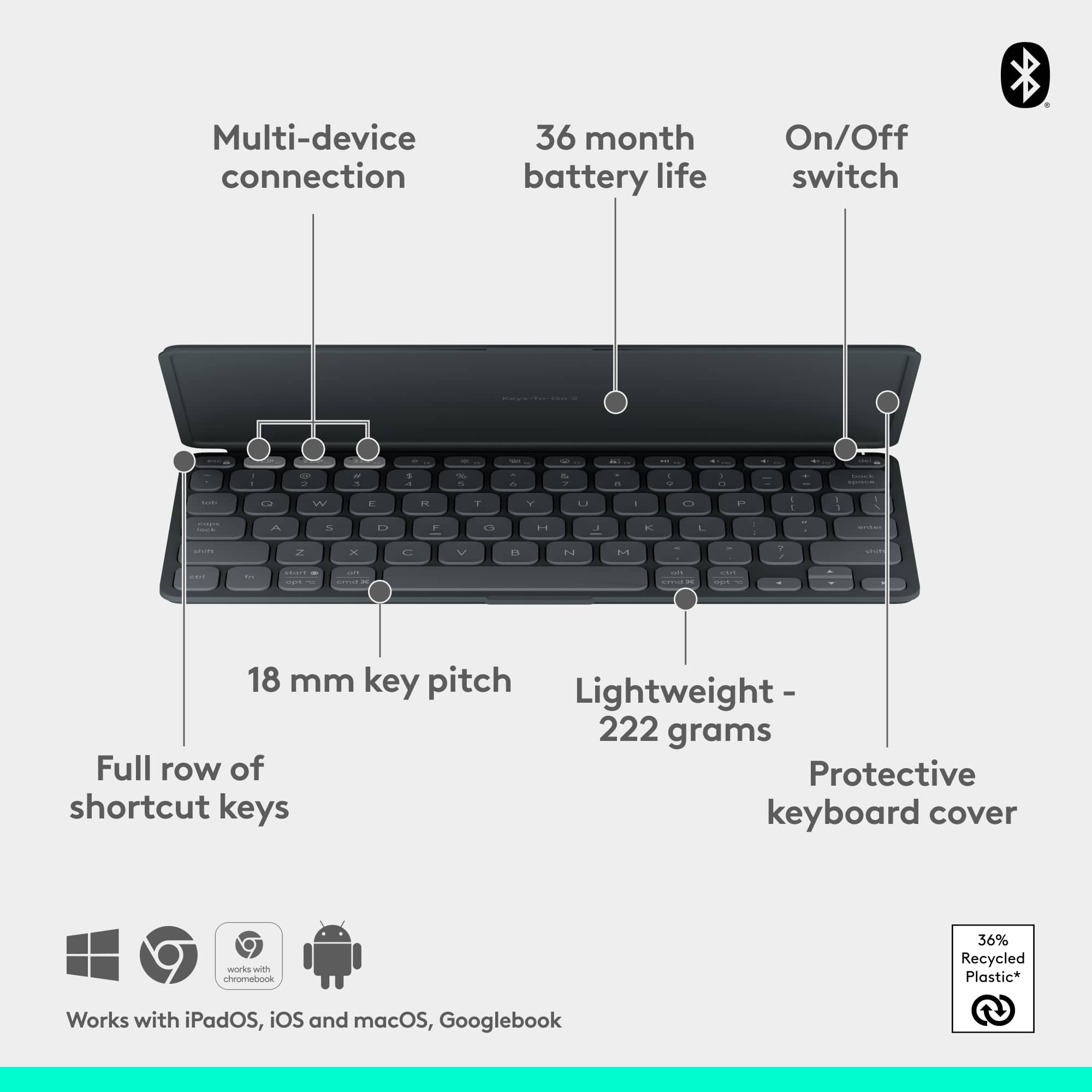 Logitech Keys To Go 2 Slim Portable Bluetooth Keyboard for Tablet