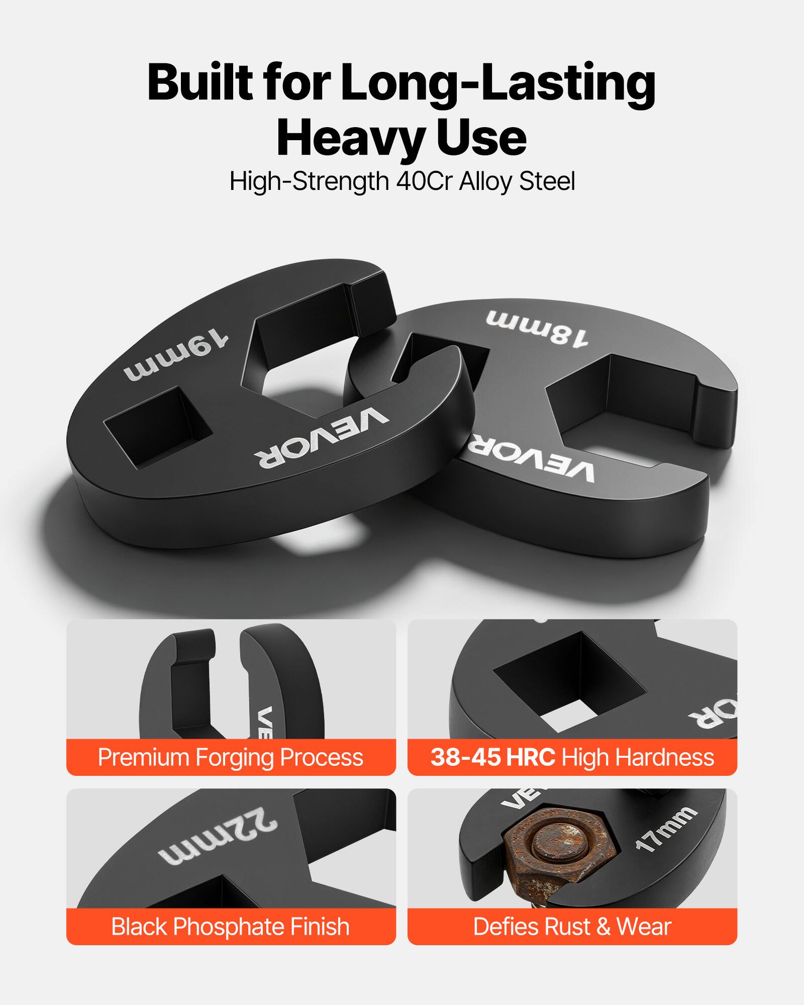 Built for Long-Lasting Heavy Use  
High-Strength 40Cr Alloy Steel  
18mm, 19mm, 22mm, 17mm  
VEVOR  
Premium Forging Process  
Black Phosphate Finish  
38-45 HRC High Hardness  
Defies Rust & Wear