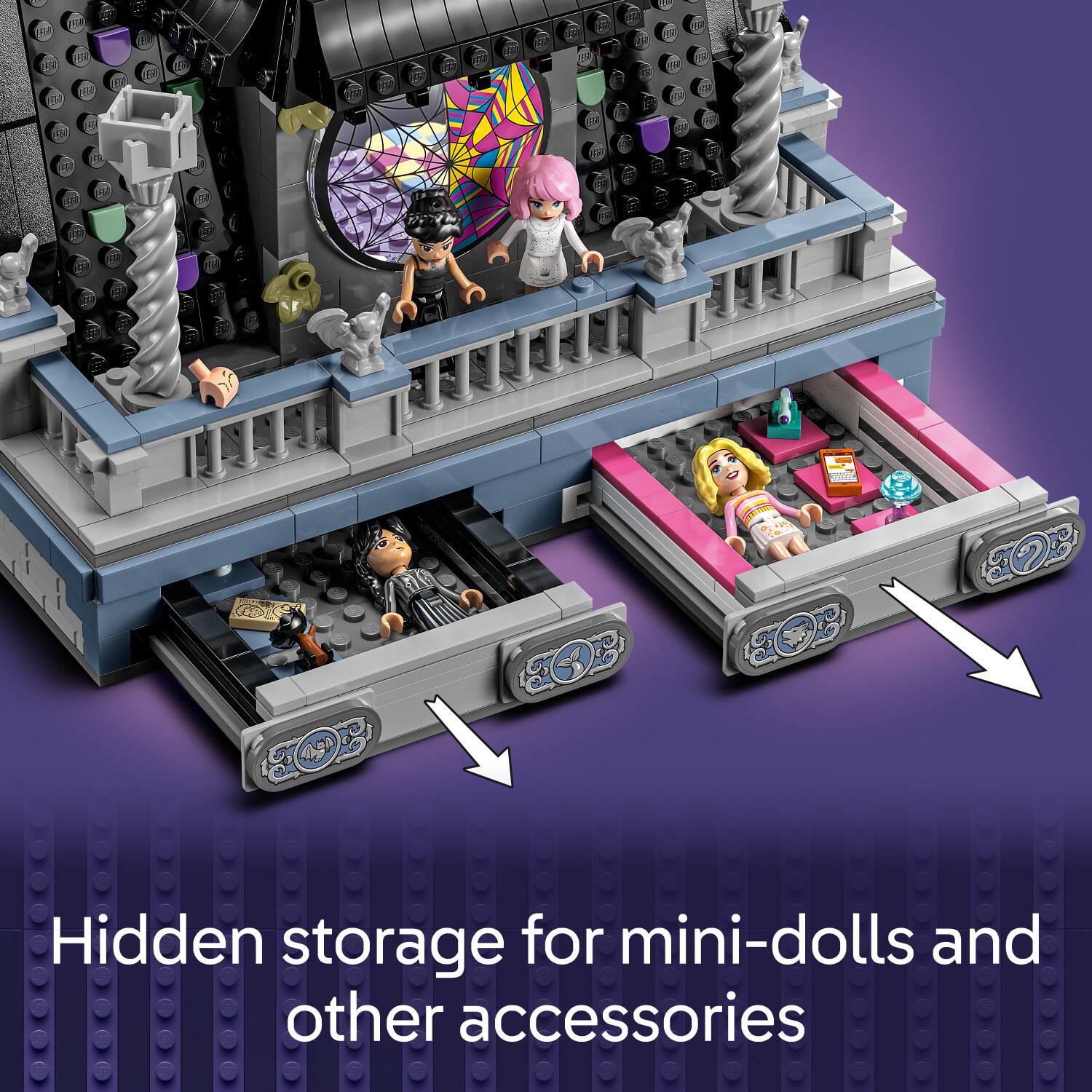 Hidden storage for mini-dolls and other accessories.