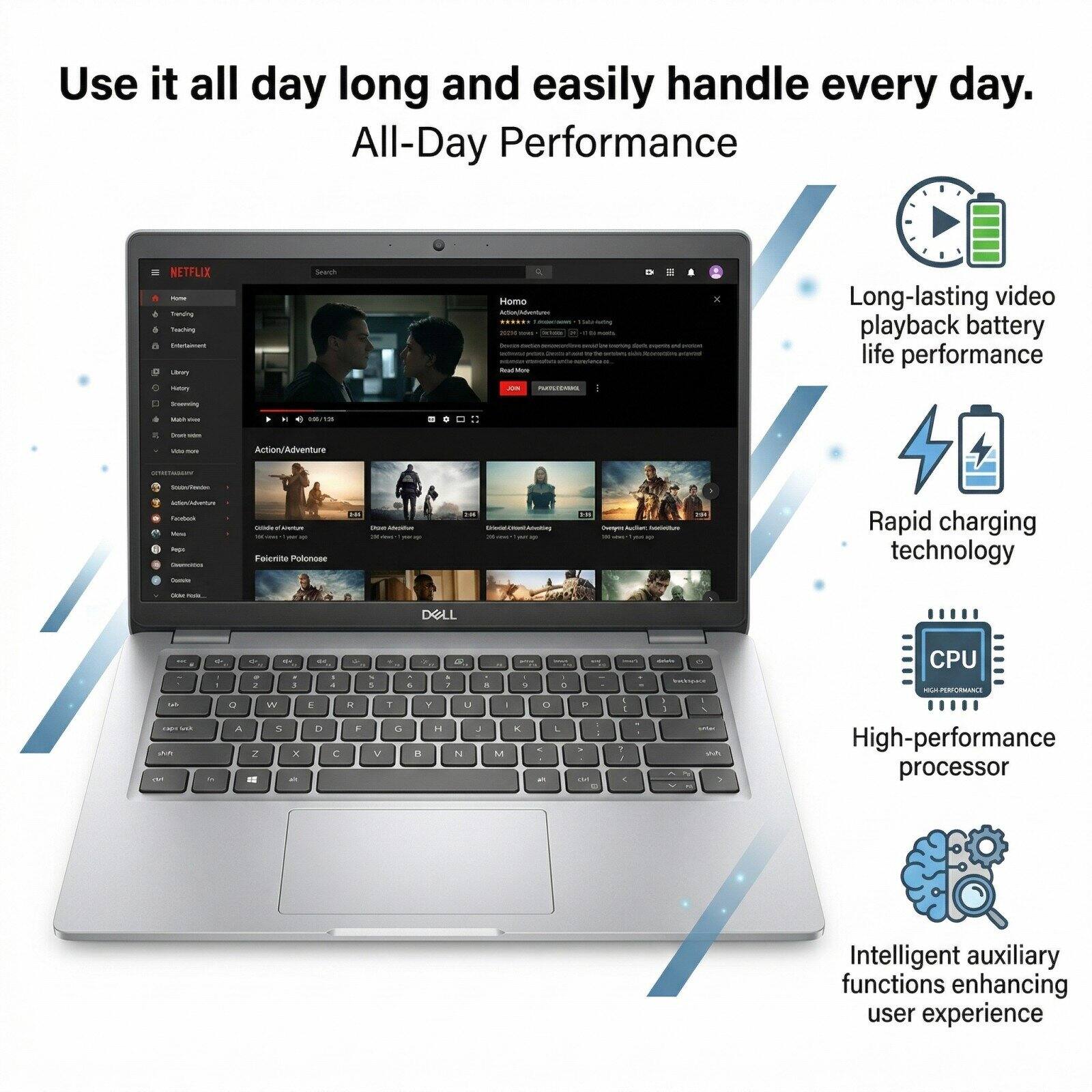 Use it all day long and easily handle every day.  
All-Day Performance

- Long-lasting video playback battery life performance
- Rapid charging technology
- High-performance processor
- Intelligent auxiliary functions enhancing user experience