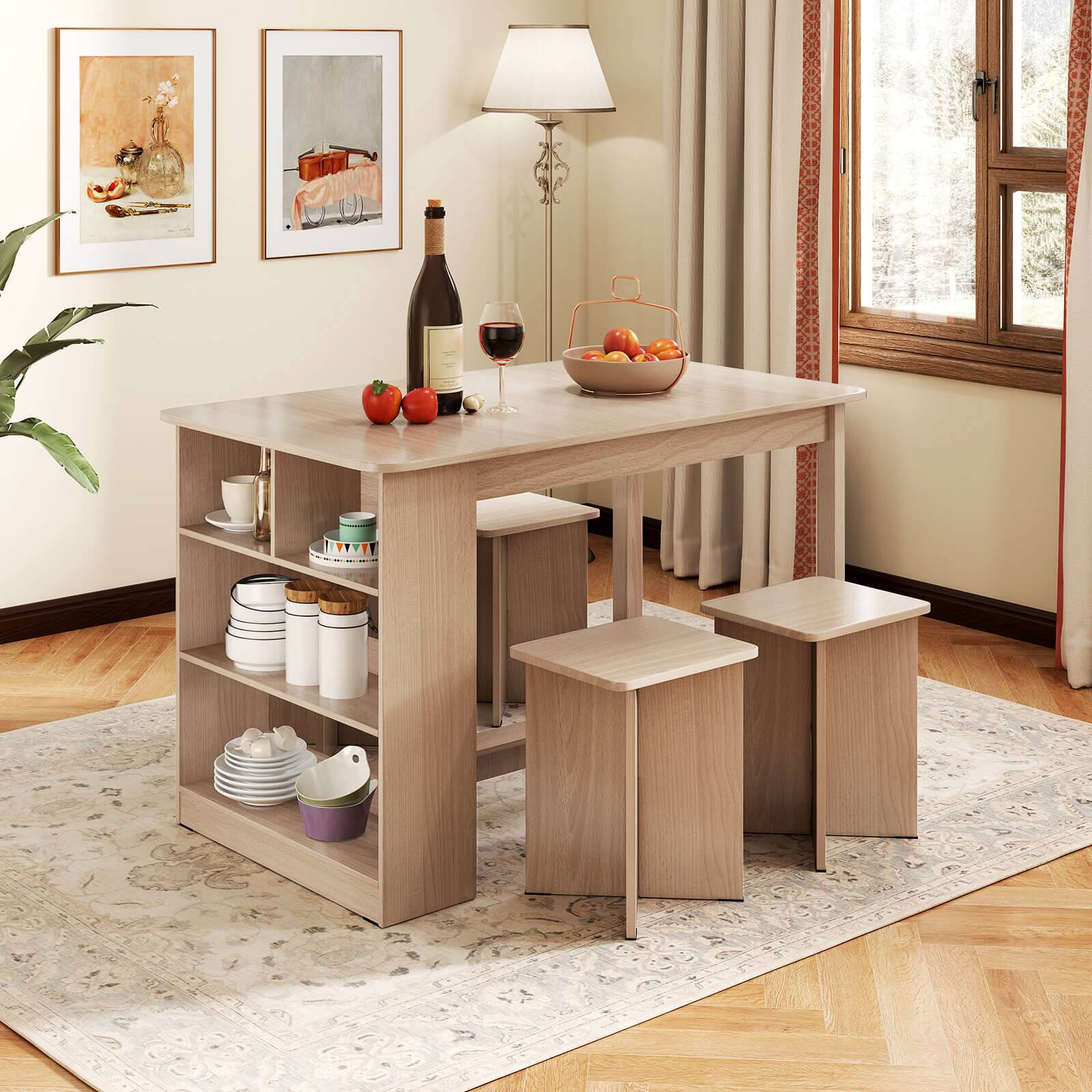 Alt View 1. Costway - Costway 5 PCS Dining Table Set with Storage Shelf Rectangular Kitchen Table with 4 Stools - Beige.