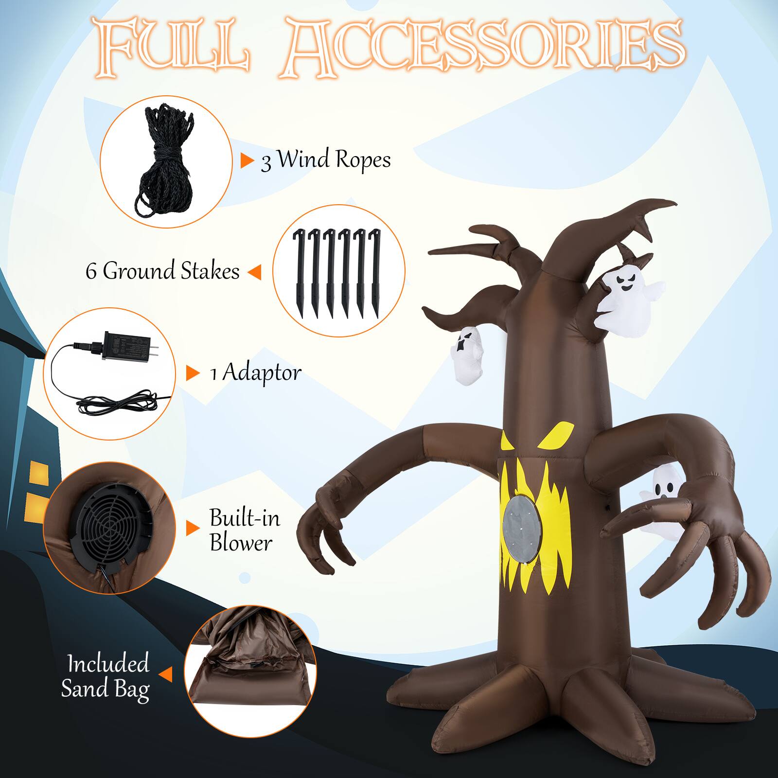 FULL ACCESSORIES: 3 Wind Ropes, 6 Ground Stakes, 1 Adaptor, Built-in Blower, Included Sand Bag.