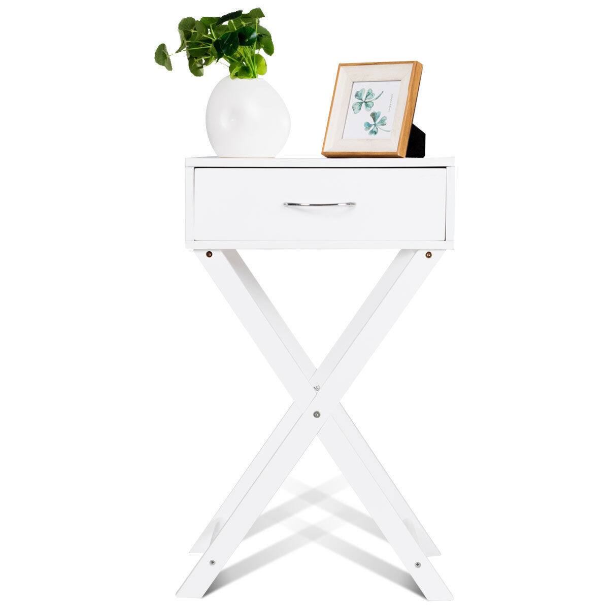 Alt View 16. Costway - Nightstand X-Shape Drawer Accent side End Table Modern Home Furniture - White.