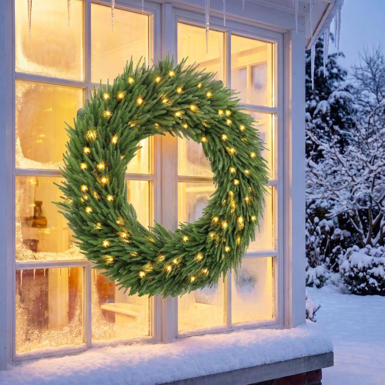 Alt View 2. PULUZ - Christmas Decoration, 36 in Pre-Lit Norfolk Pine Artificial Christmas Wreath with 100 LED Lights - Green.