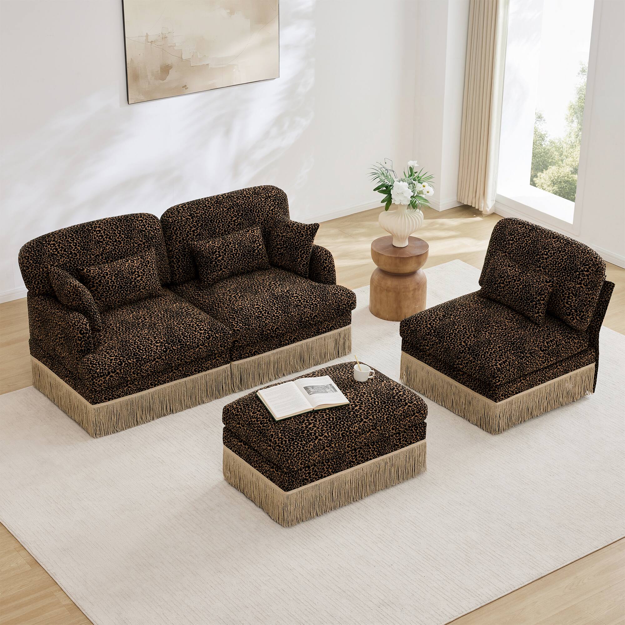 Back. Anysun - Modern Fashion Style L-Shaped Chenille Leopard Print Sofa with Movable Ottoman & Tassel Edge, Easy Assembly, Deep Seat - Brown.