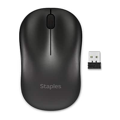 Front. Staples TECH - Wireless Ambidextrous Optical USB Mouse - Black.