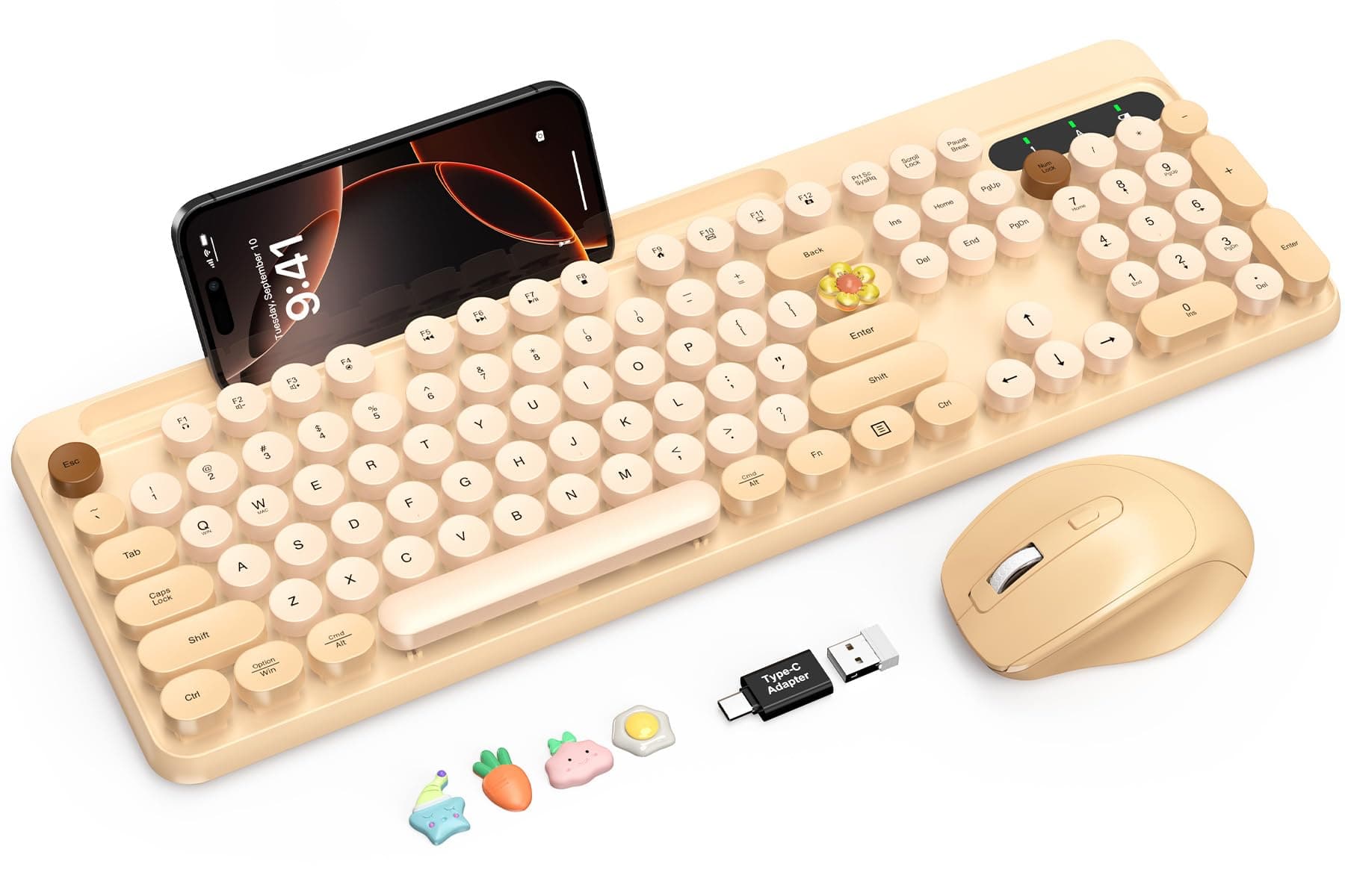 PARKER SLATER - Wireless And Mouse Combo Cute Round Keycaps Full-size Retro Typewriter With Detachable Wrist Rest 2.4ghz Cordless - Milk-Tea