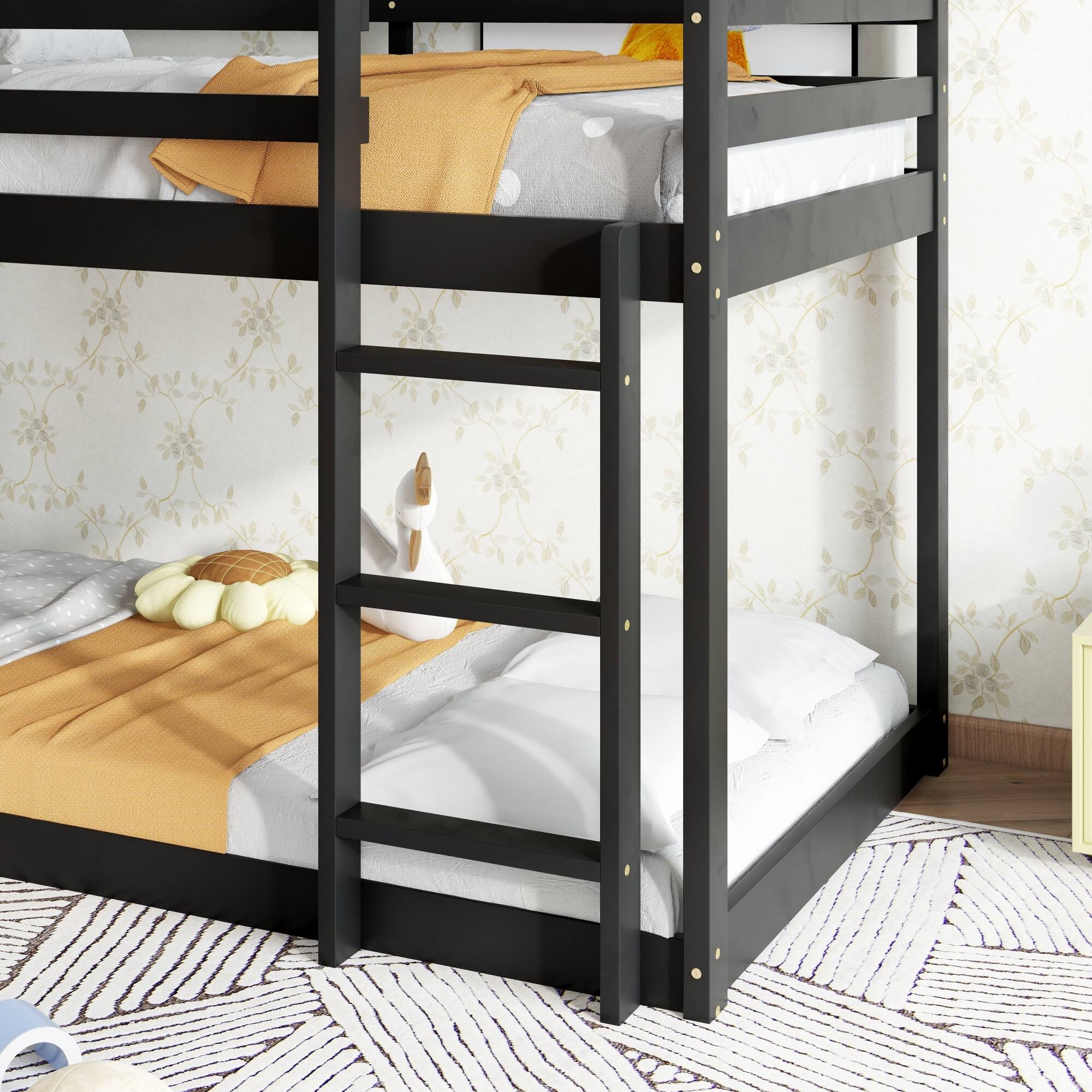 Alt View 9. GOODSILO - House-Shaped Twin Over Twin Rubber Wood Bunk Bed with Ladder and Guardrails for Kids - Black.