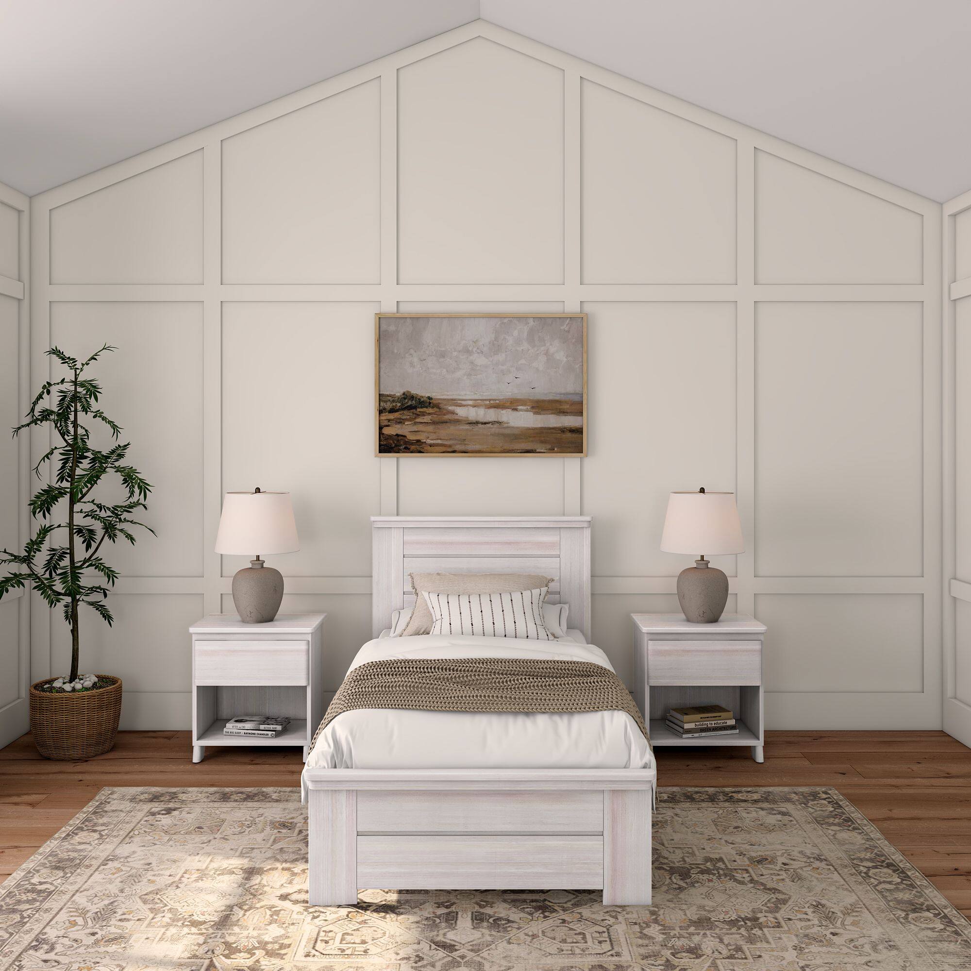 Alt View 1. Plank+Beam - Farmhouse Twin Bed with Panel Headboard, White Wash - White Wash.