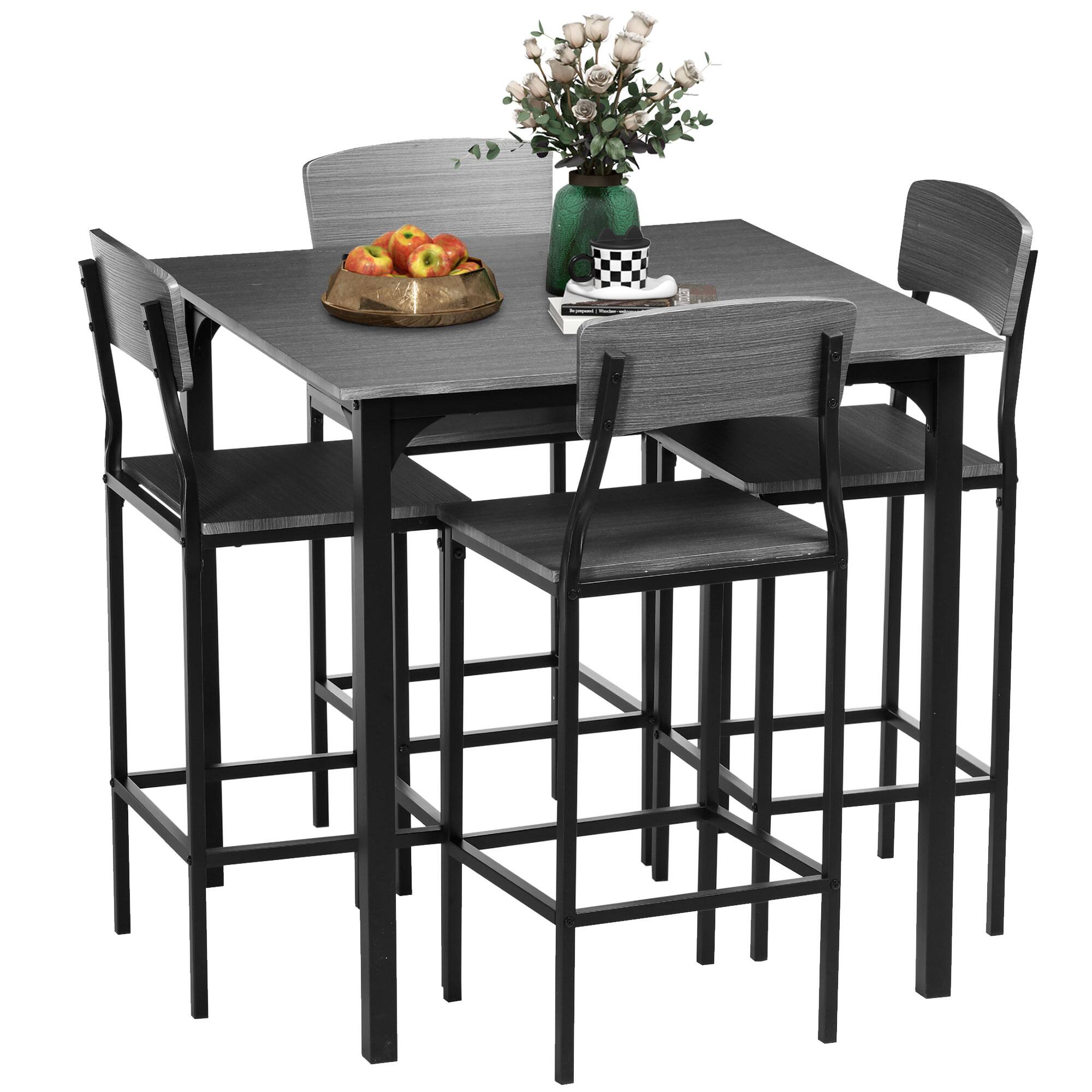 Front. Homcom - 5-Piece Counter Height Bar Table with Space-Saving Design, Square Kitchen Table and Chairs Set with Footrest, Metal Legs - Gray.