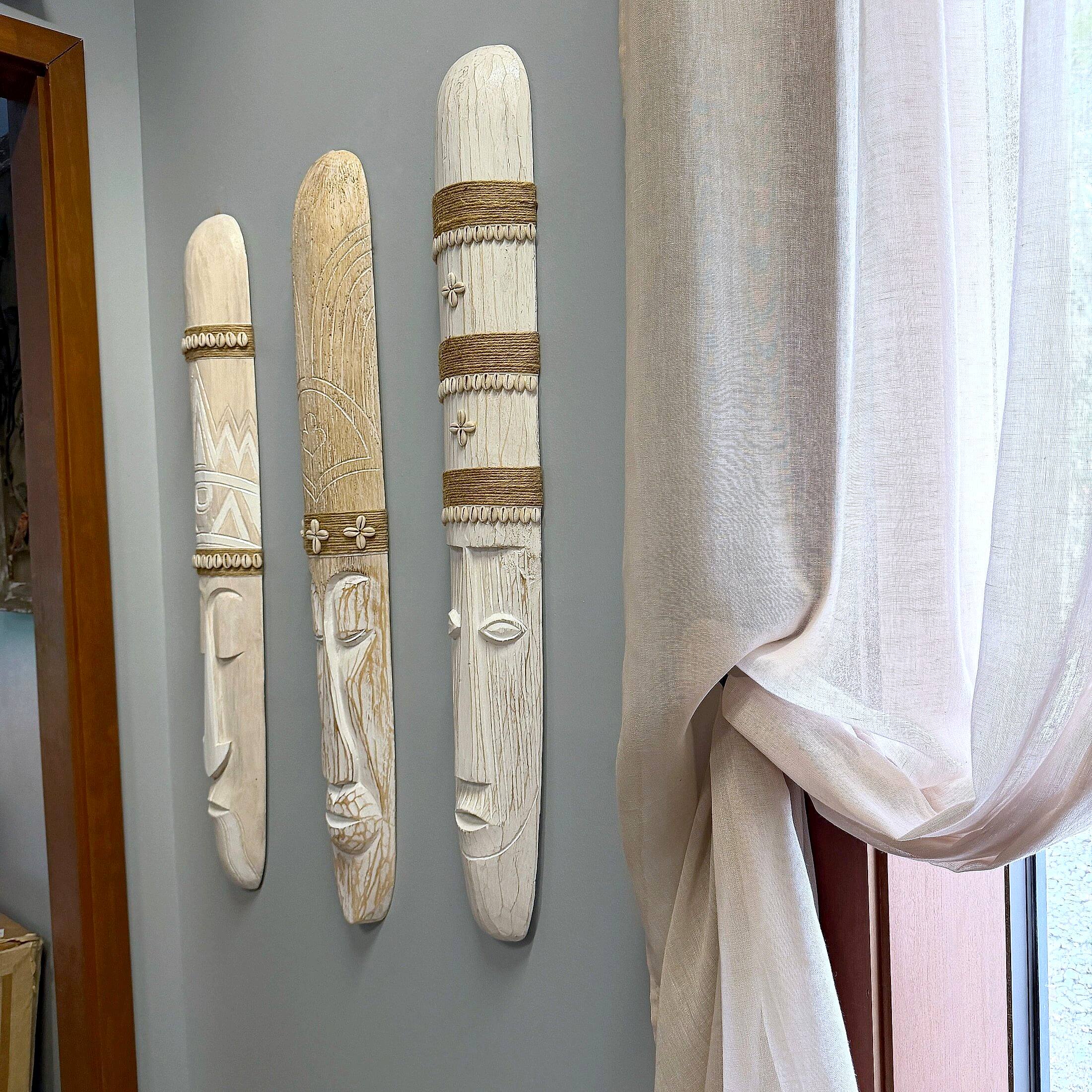 Alt View 5. Things2Die4 - Set of 3 Tiki Mask Wall Sculptures Whitewashed Wood 39.5 in Tropical - Natural.