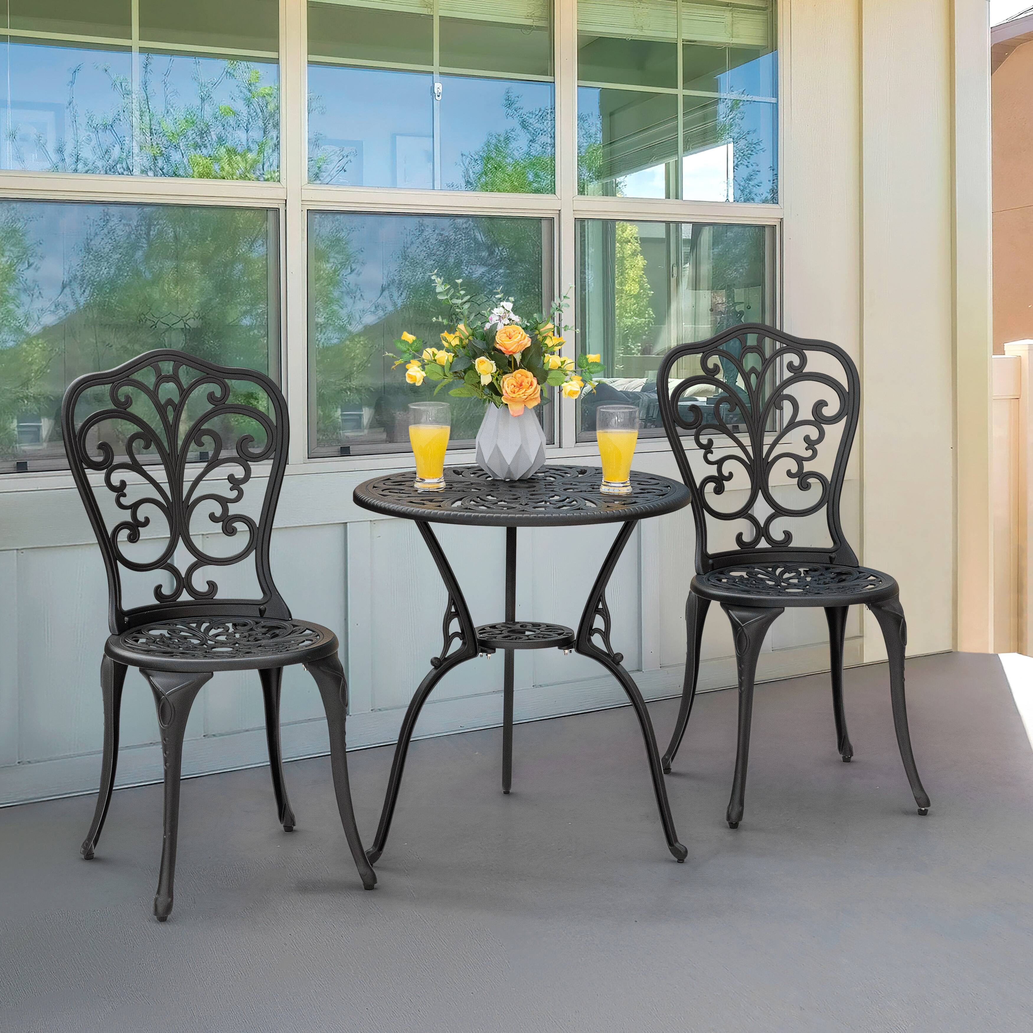 Left. Nuu Garden - 3-Piece Outdoor Bistro Set, Round 24 Inch Cast Aluminum Table with Umbrella Hole and 2 Cast Aluminum Armless Chairs - black.