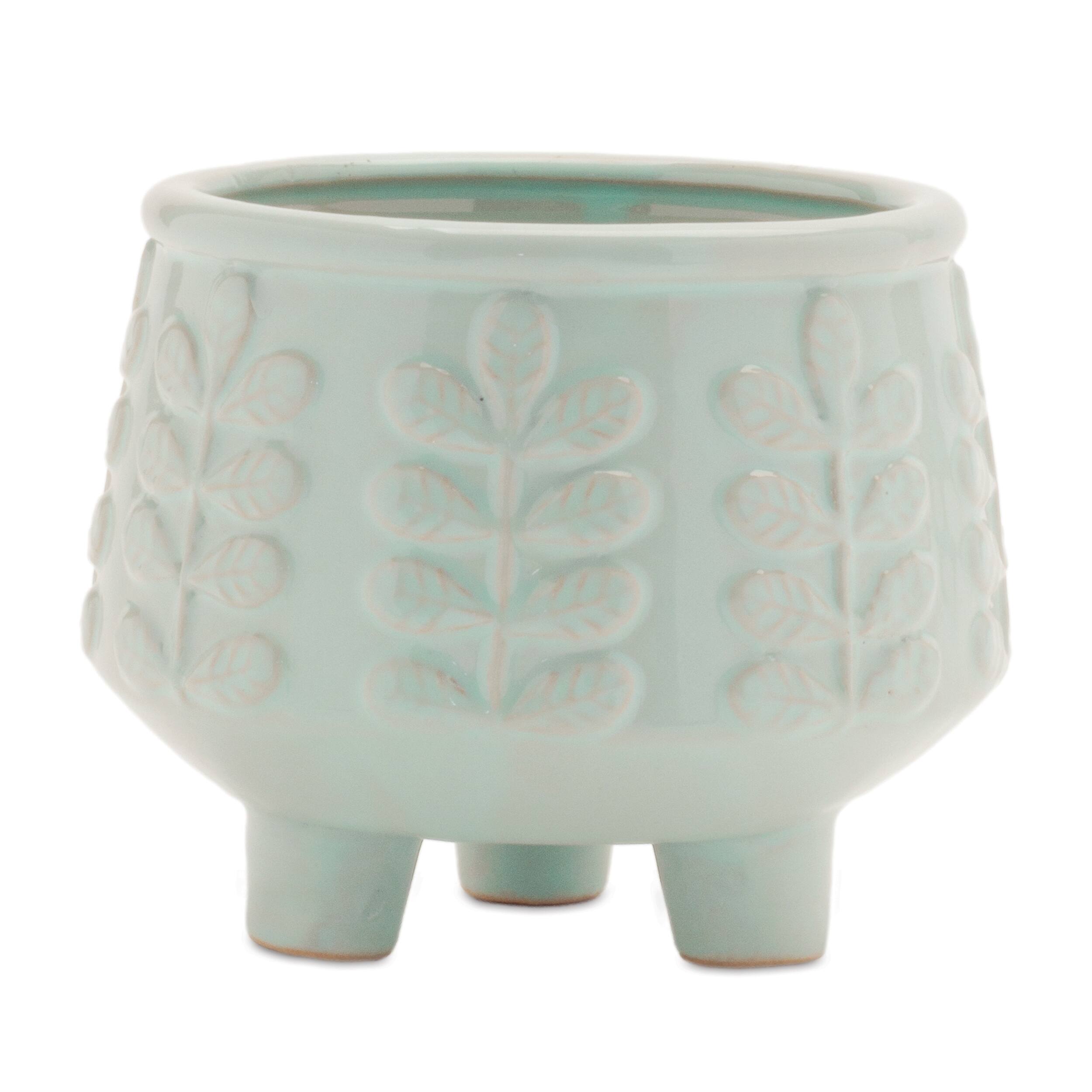 Front. BreeBe - Footed Ceramic Leaf Pattern Planter (Set of 4) - Blue.