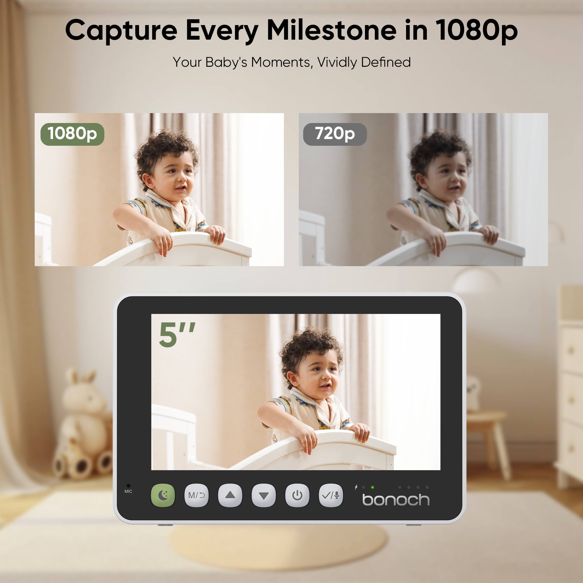 Capture Every Milestone in 1080p, Your Baby's Moments, Vividly Defined, 1080p, 720p, 5", MIC, CIM, VI, bonoch