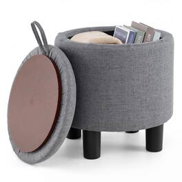 Gymax - Round Storage Ottoman Linen Fabric Upholstered Footrest Stool w/ Removable Lid - Gray