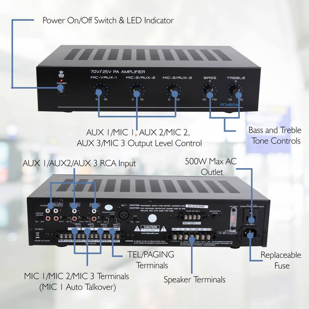 Power On/Off Switch & LED Indicator

70V/25V PA AMPLIFIER  
MIC-1/RUX-1  
MIC-2/AUX-2  
MIC-3/AUX-3  

BASS  
TREBLE  

AUX I/MIC I, AUX 2/MIC 2, AUX 3/MIC 3 Output Level Control  

AUX I/AUX2/AUX 3 RCA Input  

Bass and Treble Tone Controls  

500W Max AC Outlet  

TEL/PAGING Terminals  
MIC I/MIC 2/MIC 3 Terminals  
Speaker Terminals (MIC I Auto Talkover)  

Replaceable Fuse  

CAUTION - MAY CAUSE HARM  
CAUTION - TEL/PAGING Terminals