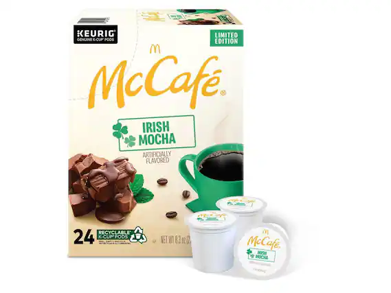 KEURIG LIMITED EDITION McCaf. IRISH MOCHA ARTIFICIALLY FLAVORED 24 K-CUP* PEEL EMPTY - PODS RECYCLABLE NET WT 8.3 OZ