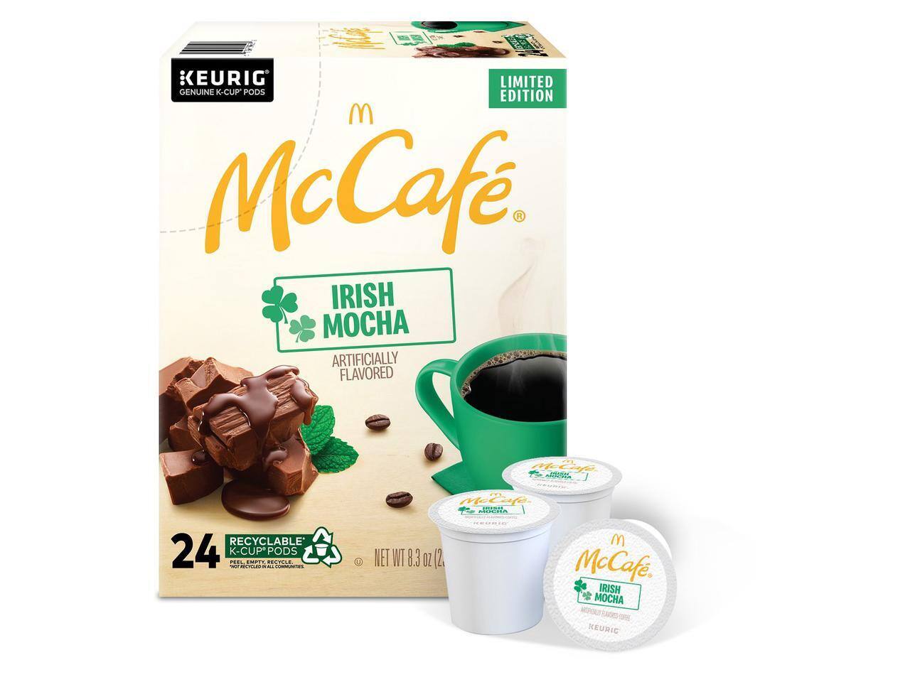 KEURIG LIMITED EDITION McCaf. IRISH MOCHA ARTIFICIALLY FLAVORED 24 K-CUP* PEEL EMPTY - PODS RECYCLABLE NET WT 8.3 OZ