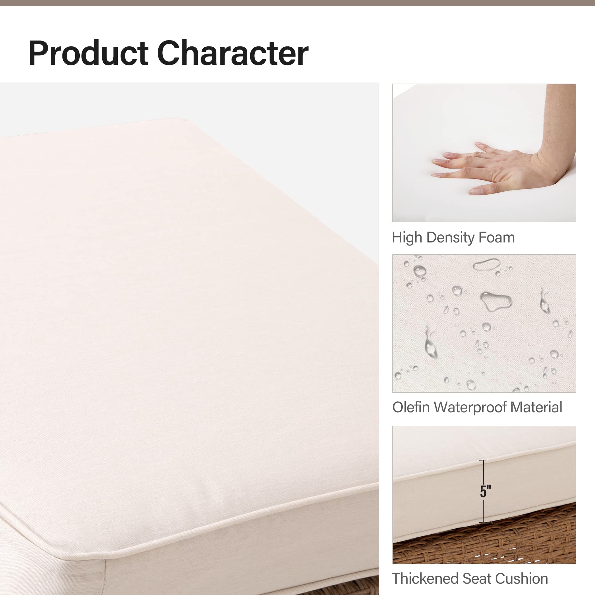 Product Character

- High Density Foam
- Olefin Waterproof Material
- Thickened Seat Cushion (5")