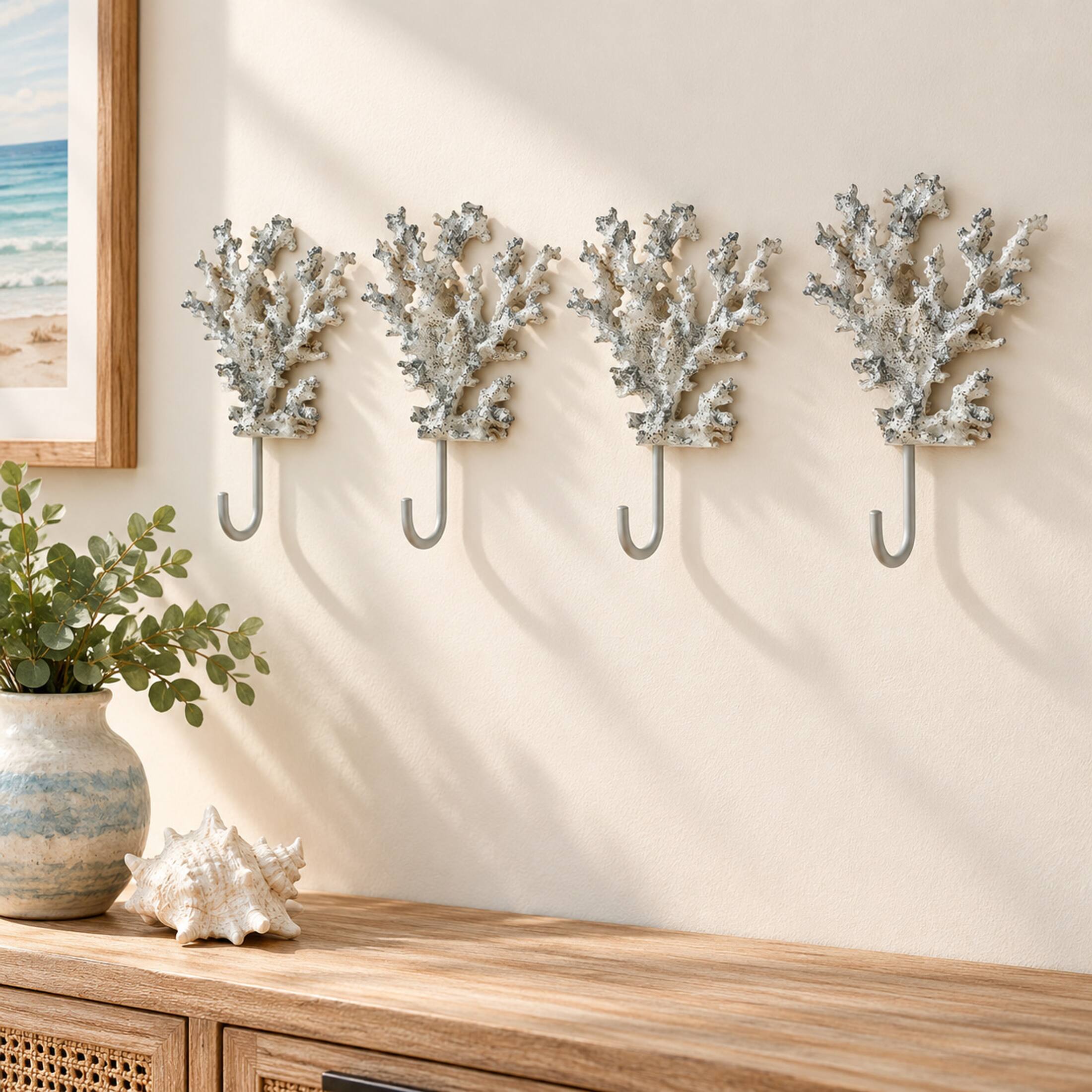 Alt View 3. Fancy That - Set of 4 Decorative Coral Wall Hooks White Silver Resin Metal 7.5 Inch - White.