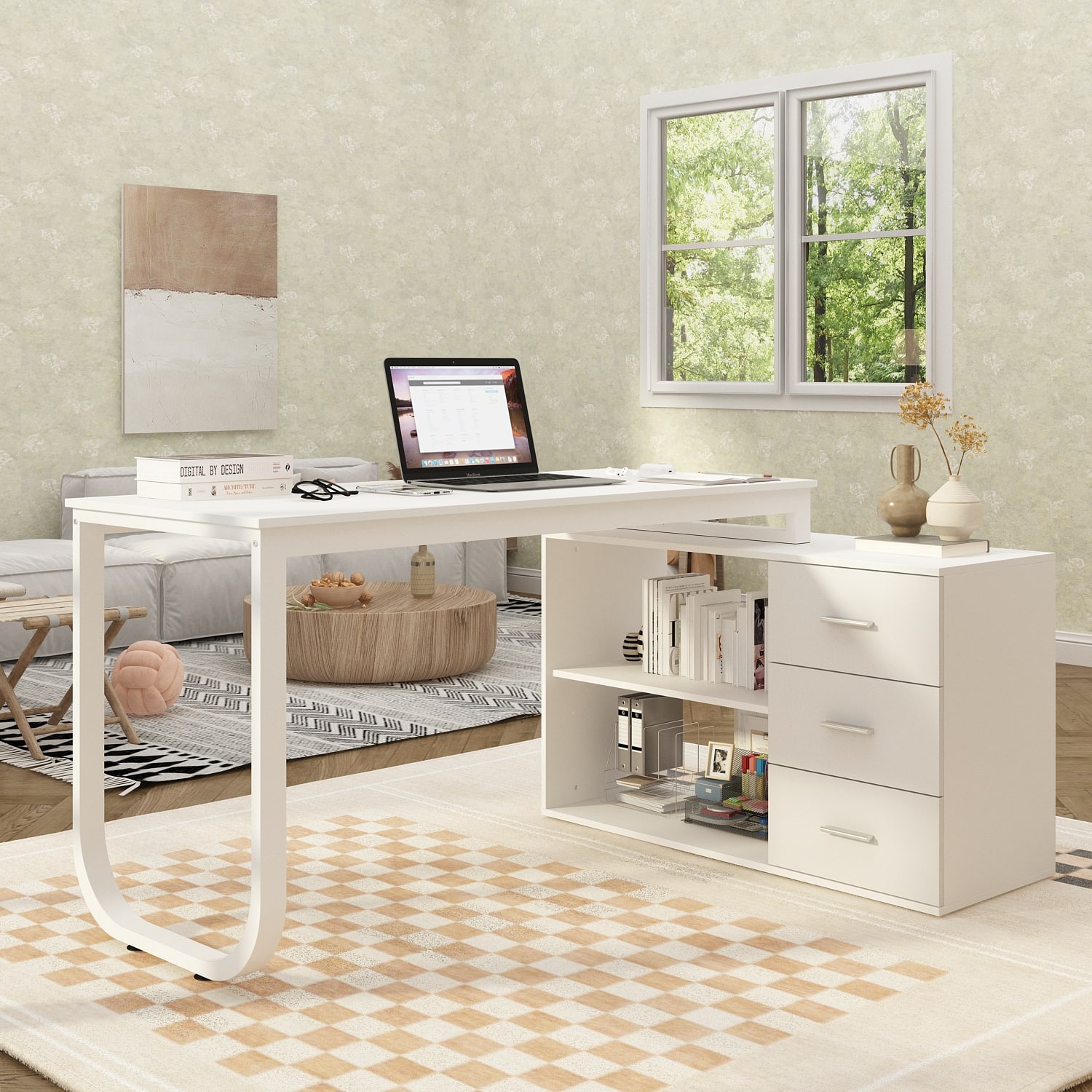 FUFU & GAGA - FUFU&GAGA L - Shaped Office Desk with Storage - Modern Workstation for Home & Office - White