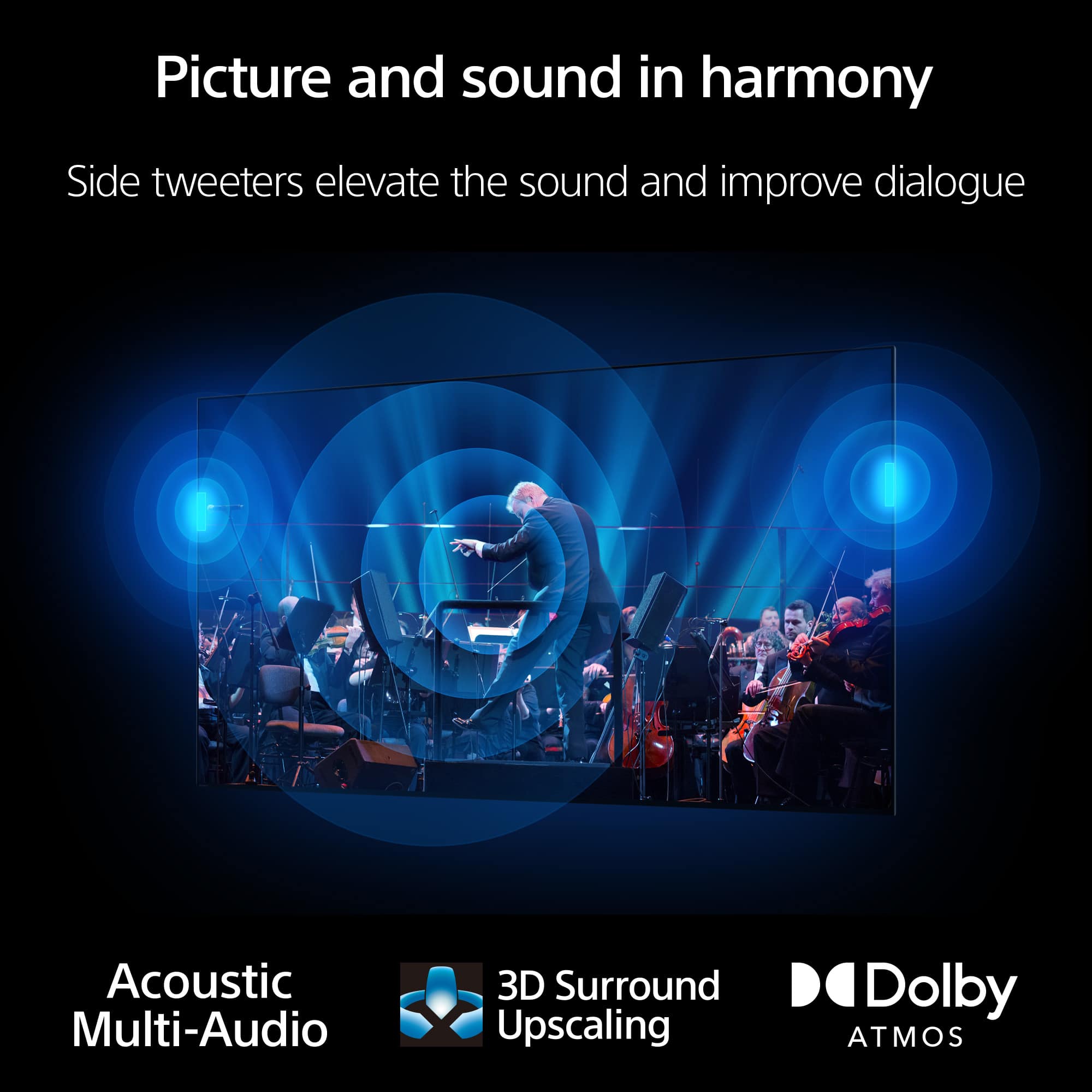 Picture and sound in harmony: Side tweeters elevate the sound and improve dialogue. Acoustic Multi-Audio 3D Surround Upscaling Dolby ATMOS.