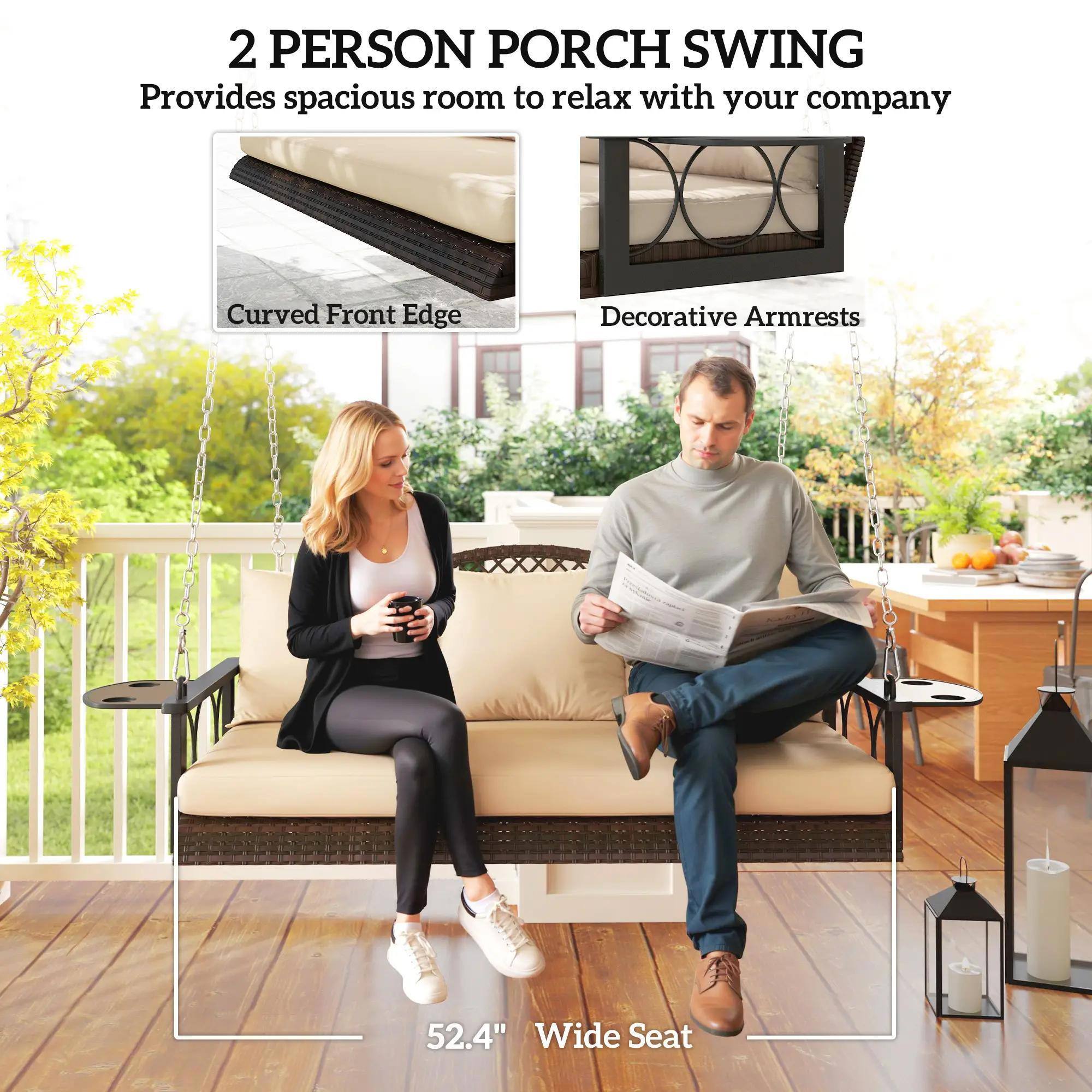 2 Person Porch Swing

- Provides spacious room to relax with your company
- Curved Front Edge
- Decorative Armrests
- 52.4" Wide Seat
