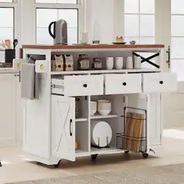 Loheer - 46.5'' Farmhouse Kitchen Island with Drop Leaf, Rolling Kitchen Cart with Power Outlet and Beaded Drape - White