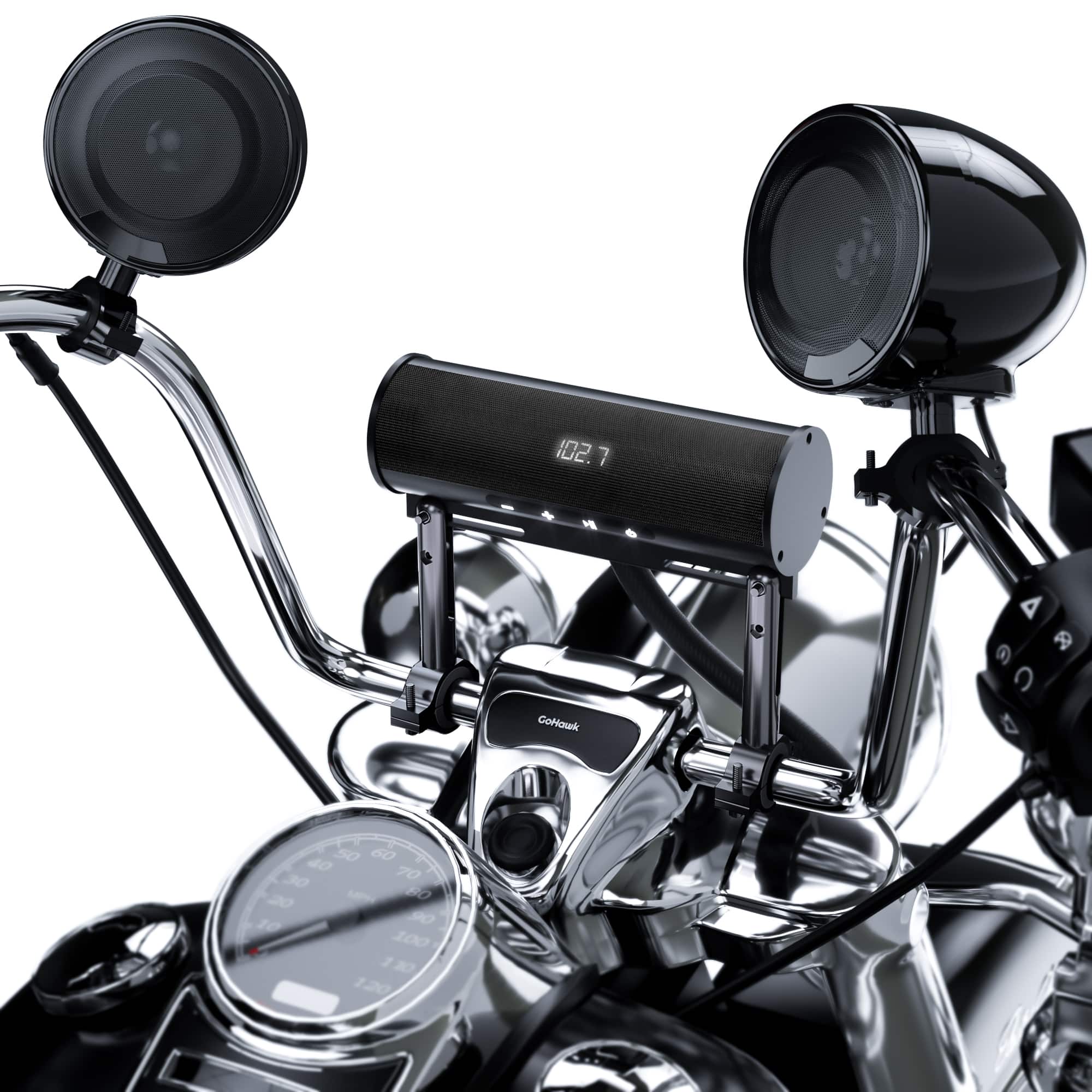 GoHawk - Bluetooth Motorcycle Speakers: 2-Speaker Waterproof Aluminum Stereo Soundbar w/ 4.5" External Speakers, FM/USB Music - Black