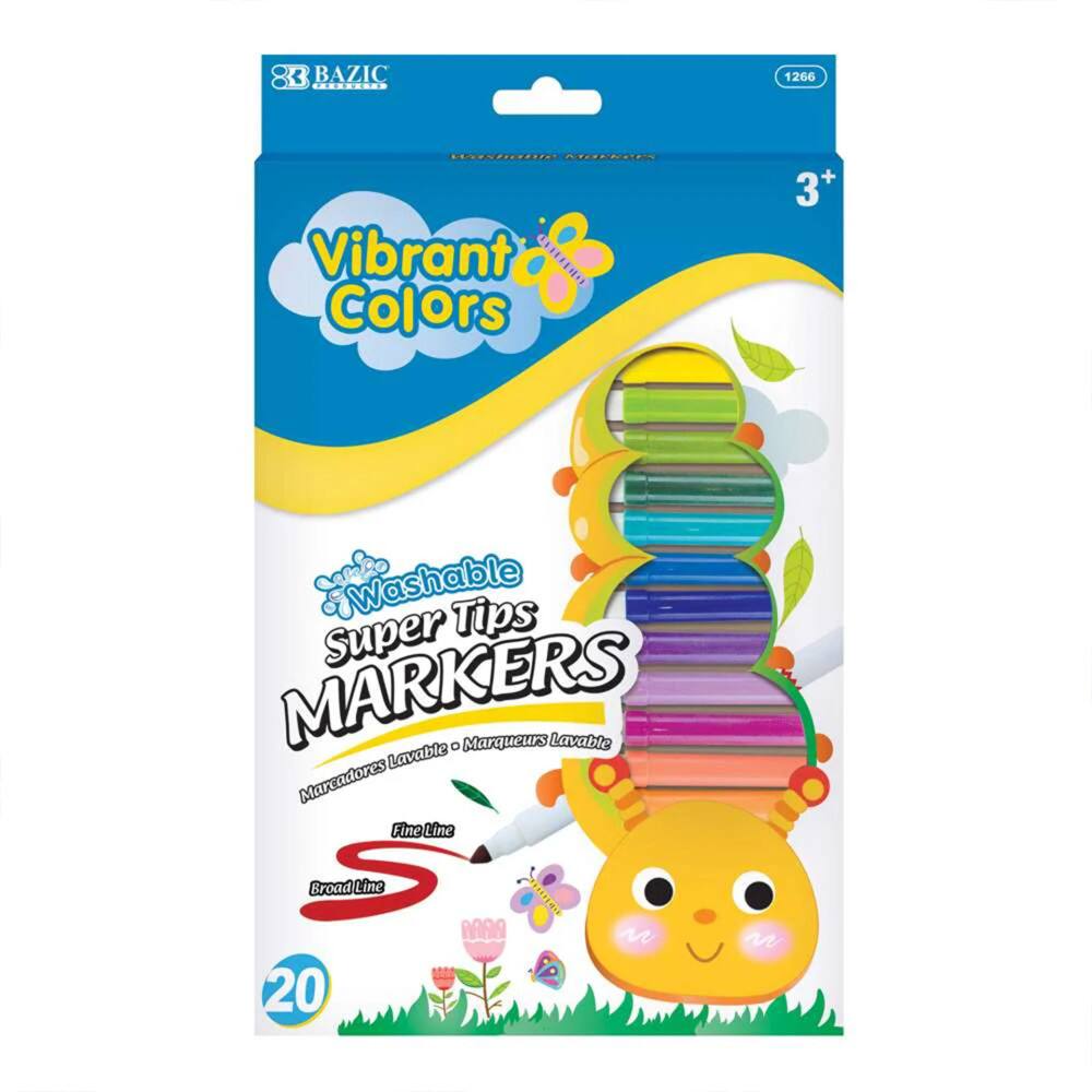 BAZIC 1266 Vibrant Colors 3+ Washable Tips Super MARKERS 0 Marqueurs Lavable Lavable Marcadores Fine Line Broad Line 20 SET