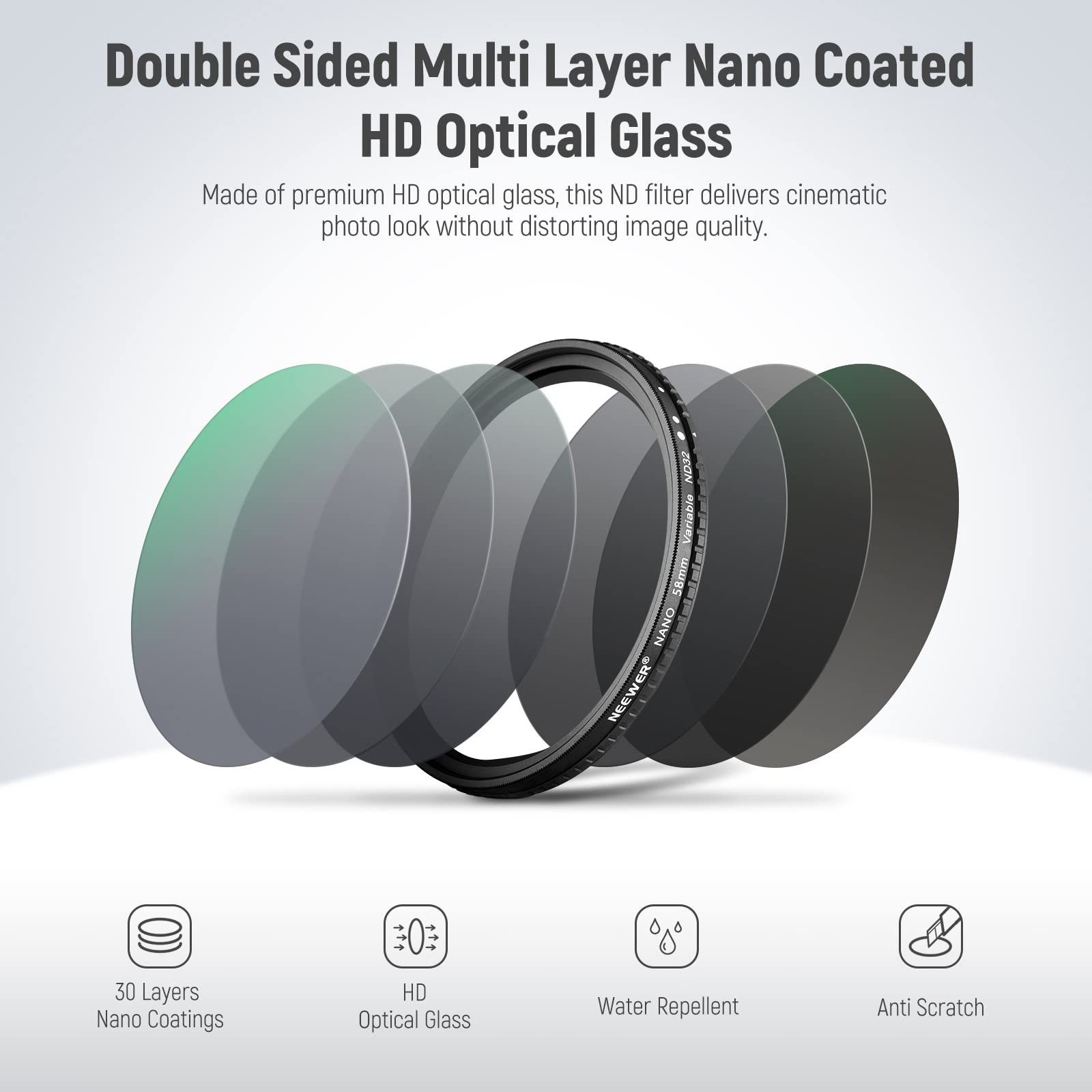 Double Sided Multi Layer Nano Coated HD Optical Glass

Made of premium HD optical glass, this ND filter delivers cinematic photo look without distorting image quality.

ZEON Variable 58mm NANO ER

30 Layers Nano Coatings
HD Optical Glass
Water Repellent
Anti Scratch