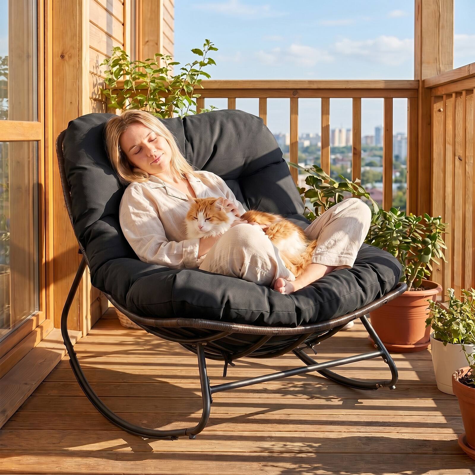 Alt View 4. Costway - Costway Patio Papasan Rocking Chair,Oversized Egg-shaped Rocker with Thick Cushioned Seat - Black.