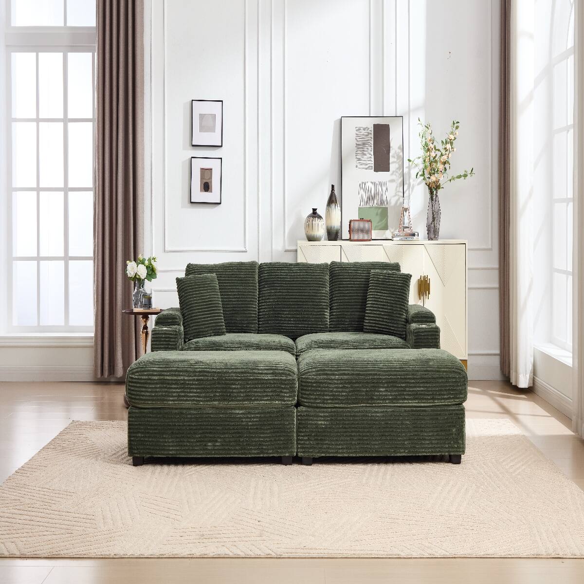 Back. Ropilly - Ropilly Modular Sectional Sofa, Deep Seat Convertible Sofa Bed, Green Corduroy Upholstered 4 Seat Couch - Green.