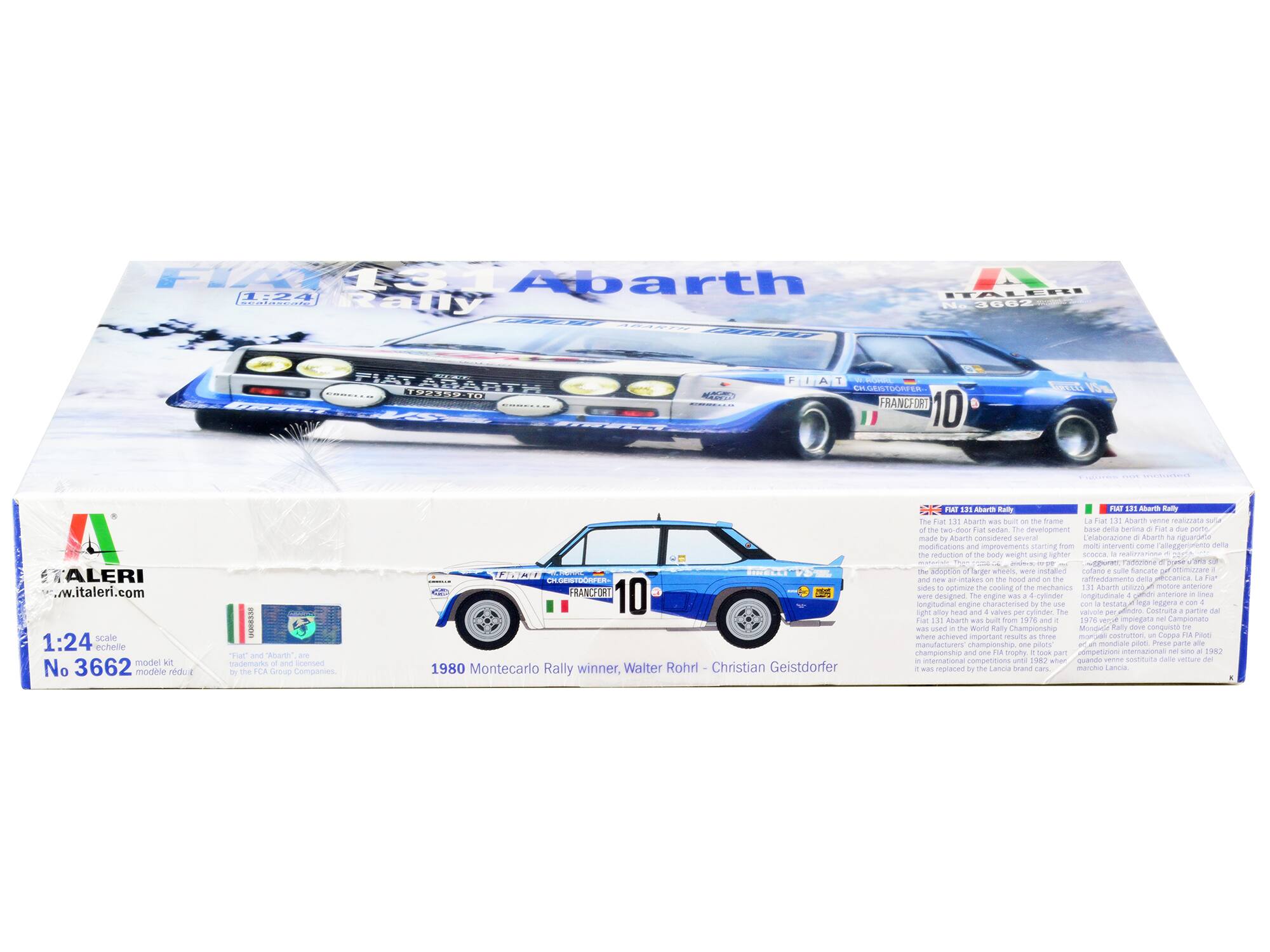Sure, here is the corrected and grouped text from the image:

---

**Front of the Box:**

- **FIAT 131 Abarth Rally**
- **1980 Monte Carlo Rally winner, Walter Rohrl - Christian Geistdorfer**
- **ITALERI**
- **No. 3662**
- **1:24 scale**
- **www.italeri.com**

**Side of the Box:**

- **ITALERI**
- **No. 3662**
- **1:24 scale**
- **model kit**
- **modelle reduz**
- **Tat** Abarth canmorts ane Scensed FCA Group Companies
- **FRANCORI**
- **10**

**Text on the Box:**

- **FIAT 131 Abarth Rally**
- The Fiat 131 Abarth was a two-door sedan. The development of the body weight using lighter materials and the reduction of the body weight using lighter materials and the reduction of the body weight using lighter materials and the reduction of the body weight using lighter materials and the reduction of the body weight using lighter materials and the reduction of the body weight using