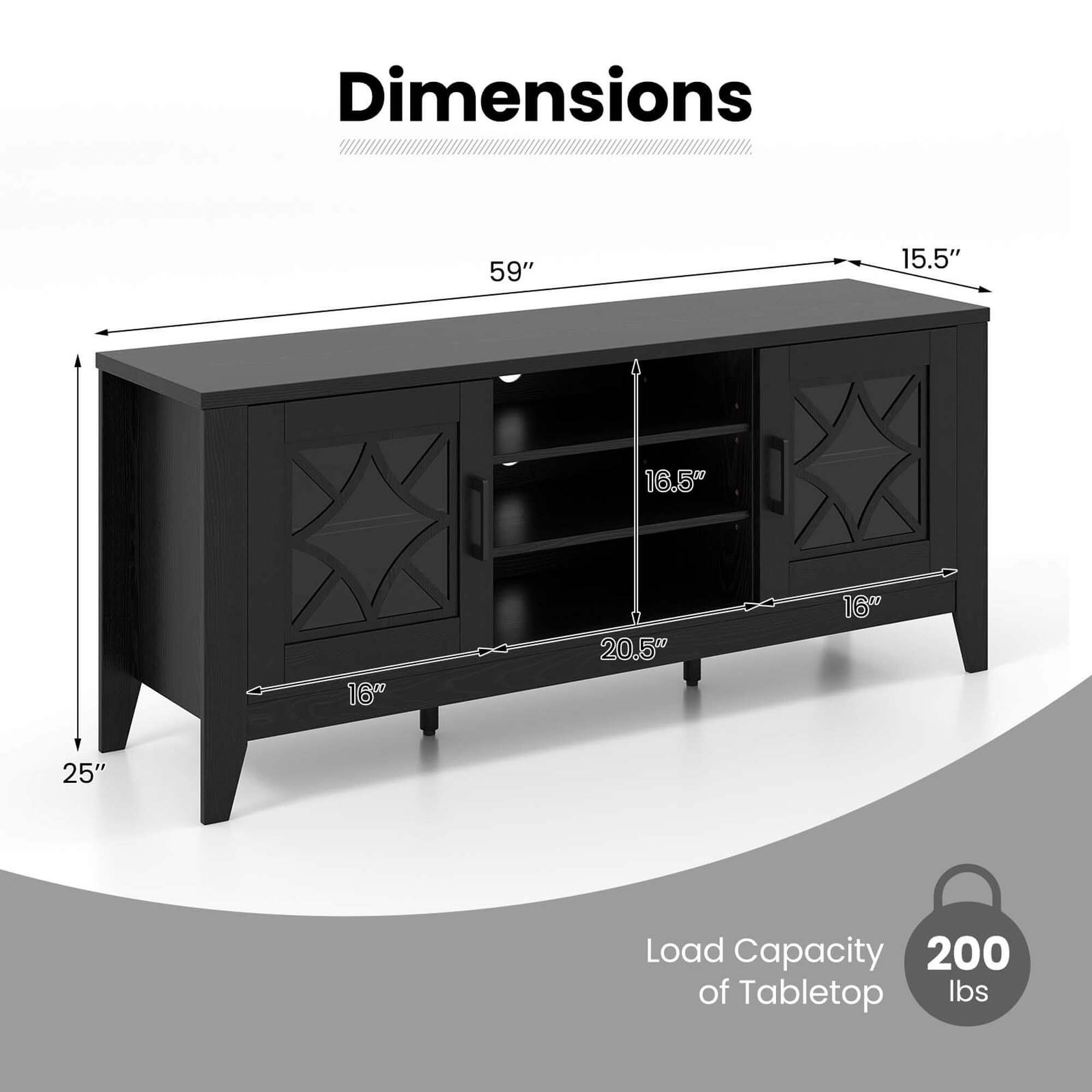 Dimensions: 59" x 15.5" x 16.5"
Load Capacity: 200 lbs of tabletop