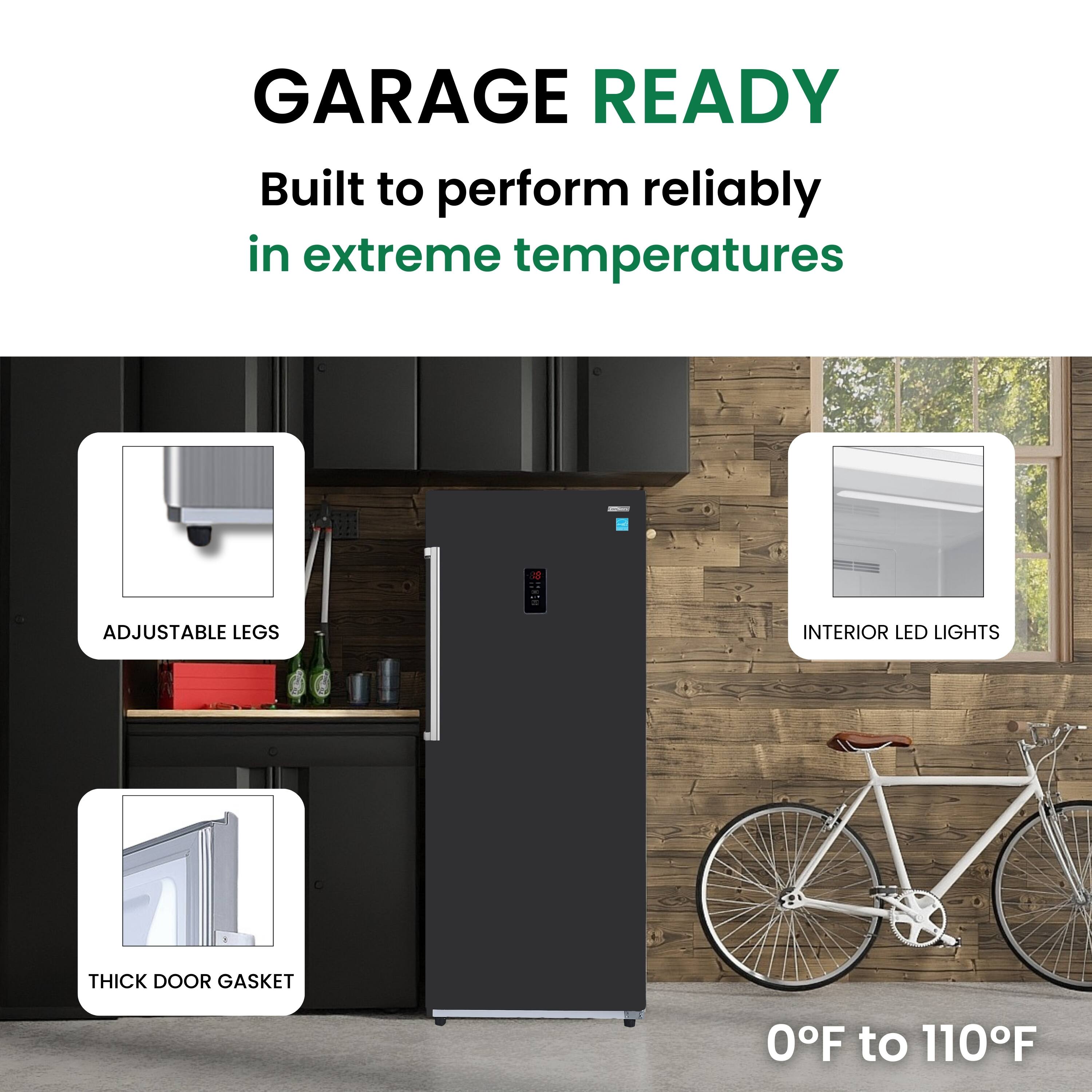GARAGE READY  
Built to perform reliably in extreme temperatures  

- ADJUSTABLE LEGS  
- INTERIOR LED LIGHTS  
- THICK DOOR GASKET  

0°F to 110°F