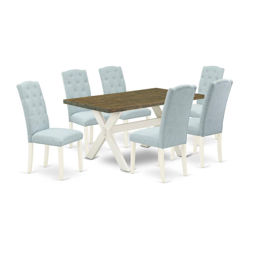 Left. East West Furniture - East West Furniture X076CE215-7 7-Pc Modern Dining Set- 6 Parson Chairs with Baby Blue Linen Fabric Seat and Button - Multi-Color.