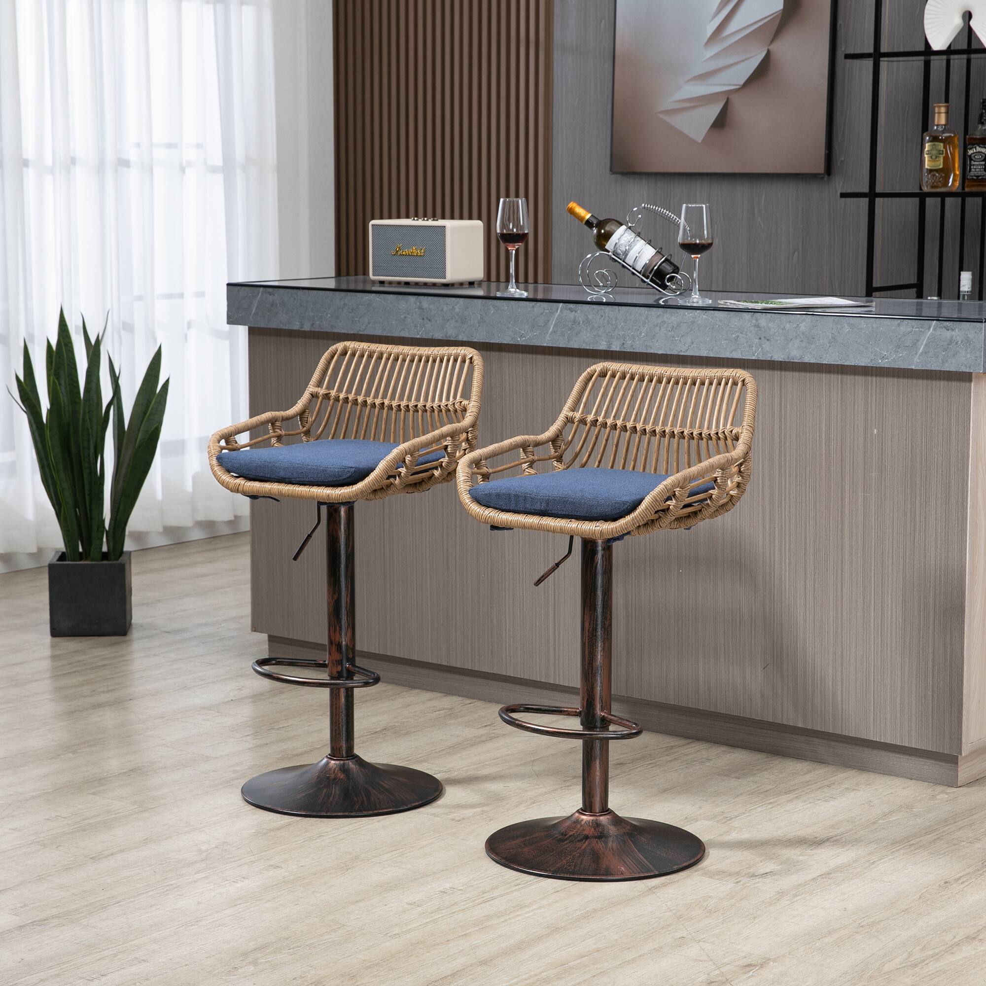 Alt View 4. Trinkets Crazed - Rattan Bar Stools Set of 2, Adjustable Barstools with Linen Cushion, 360° Swivel Bar Stool for Kitchen and Bar - Blue.