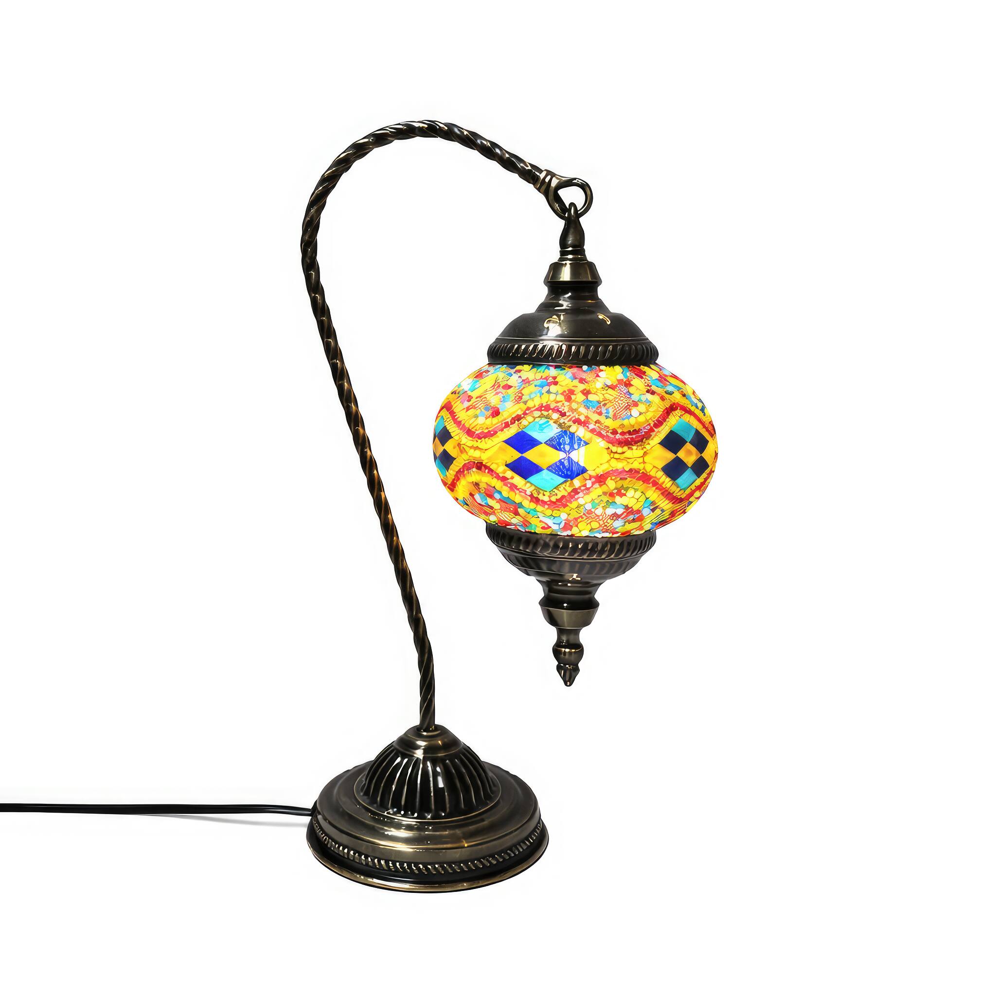 Angle. FC Design - 15"H Bronze Swan Base Kilim Orange–Blue Mosaic Turkish Lamp.