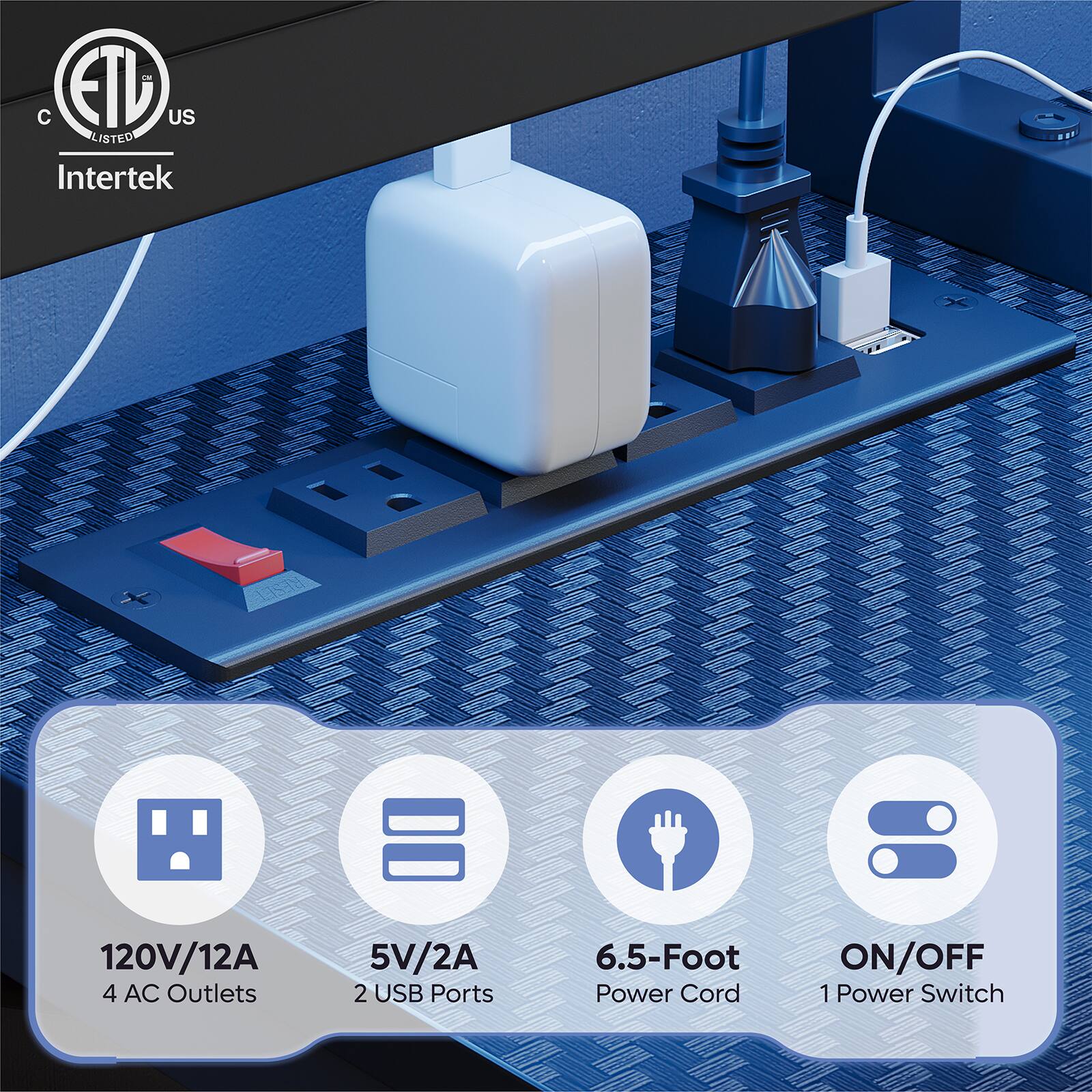 The text on the image is grouped and corrected as follows:
"C ETL US LISTED Intertek 120V/12A 4 AC Outlets 5V/2A 2 USB Ports 6.5-Foot Power Cord ON/OFF 1 Power Switch."