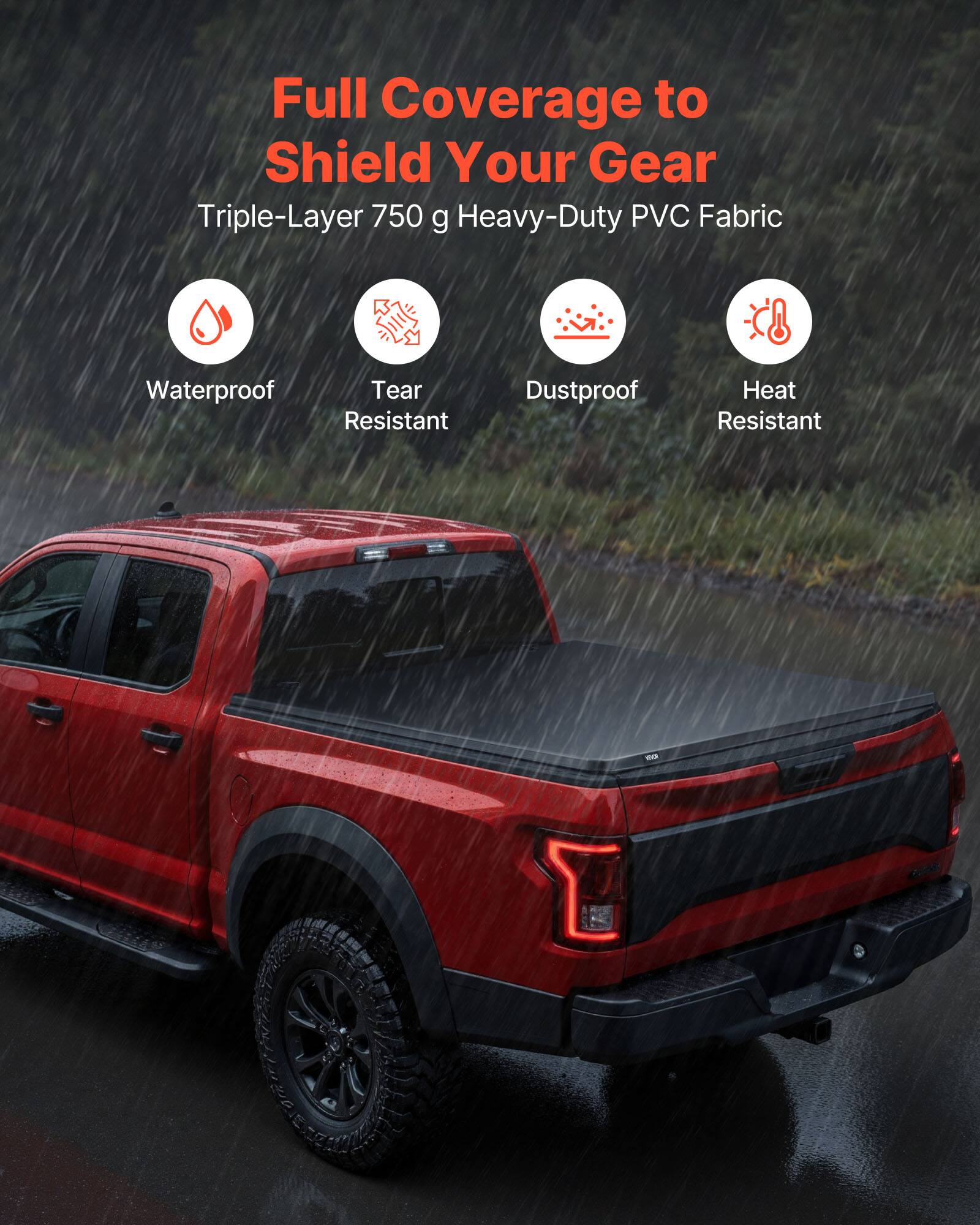 Full Coverage to Shield Your Gear  
Triple-Layer 750 g Heavy-Duty PVC Fabric  
Waterproof  
Tear Resistant  
Dustproof  
Heat Resistant