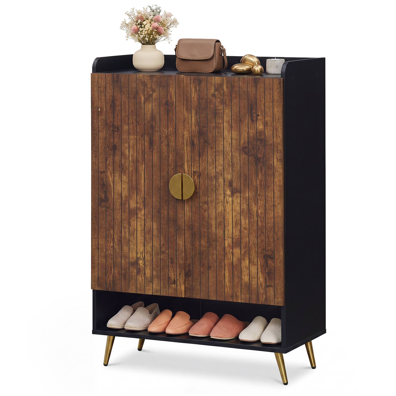 Alt View 1. Costway - Costway 44" 7-Tier Tall Shoe Storage Cabinet with Doors, Adjustable Shelves & Metal Legs - Rustic Brown + Black.