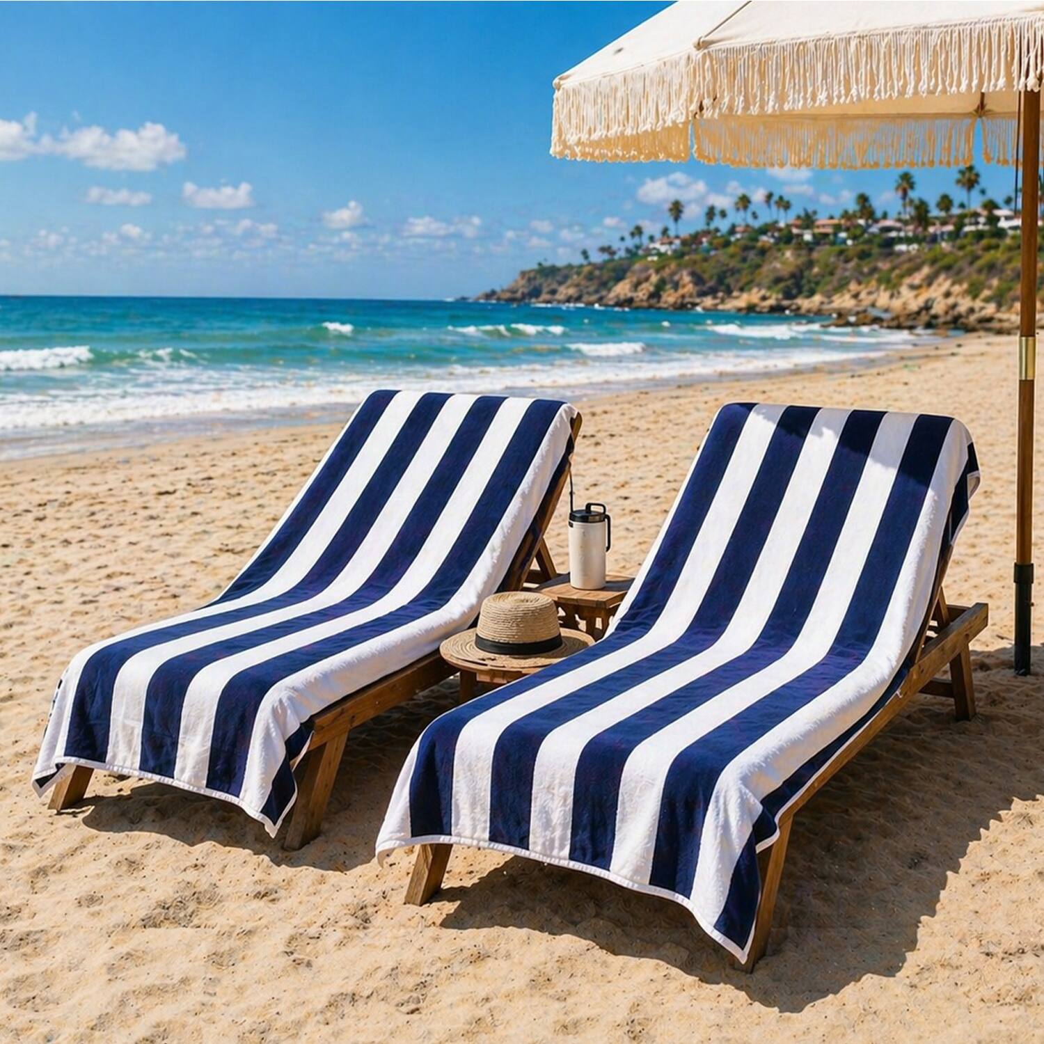 Angle. Plazatex - Plazatex Cabana Terry Cloth Stripe 80% Cotton 20% Polyester 2 Pack Beach Bath Towel 36" x 66" Navy - Navy.