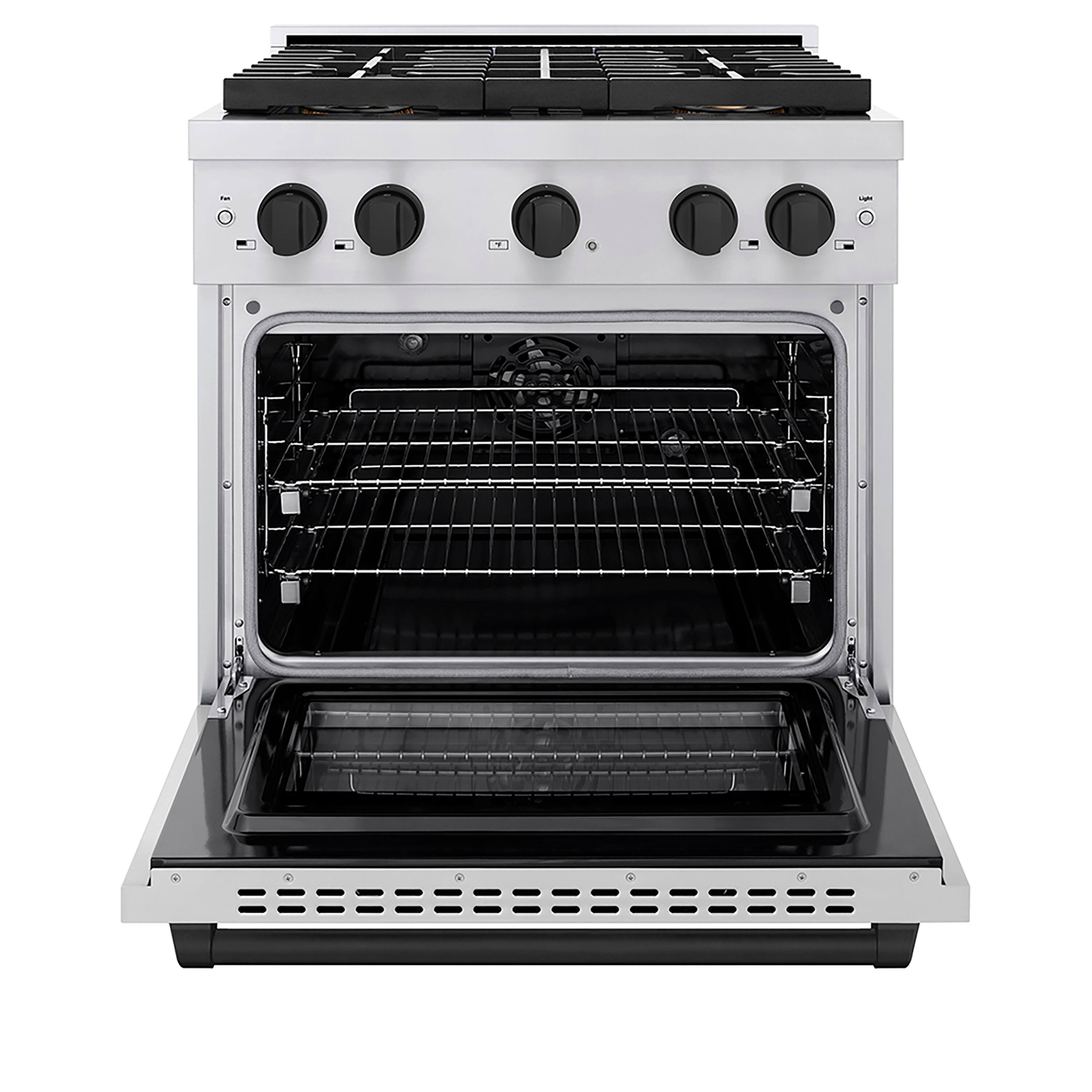 Angle. ZLINE - ZLINE Autograph 30 in. 4.2 cu. ft. Freestanding Paramount Dual Fuel DuoPro Range in Stainless Steel with Black Accents - Stainless Steel.