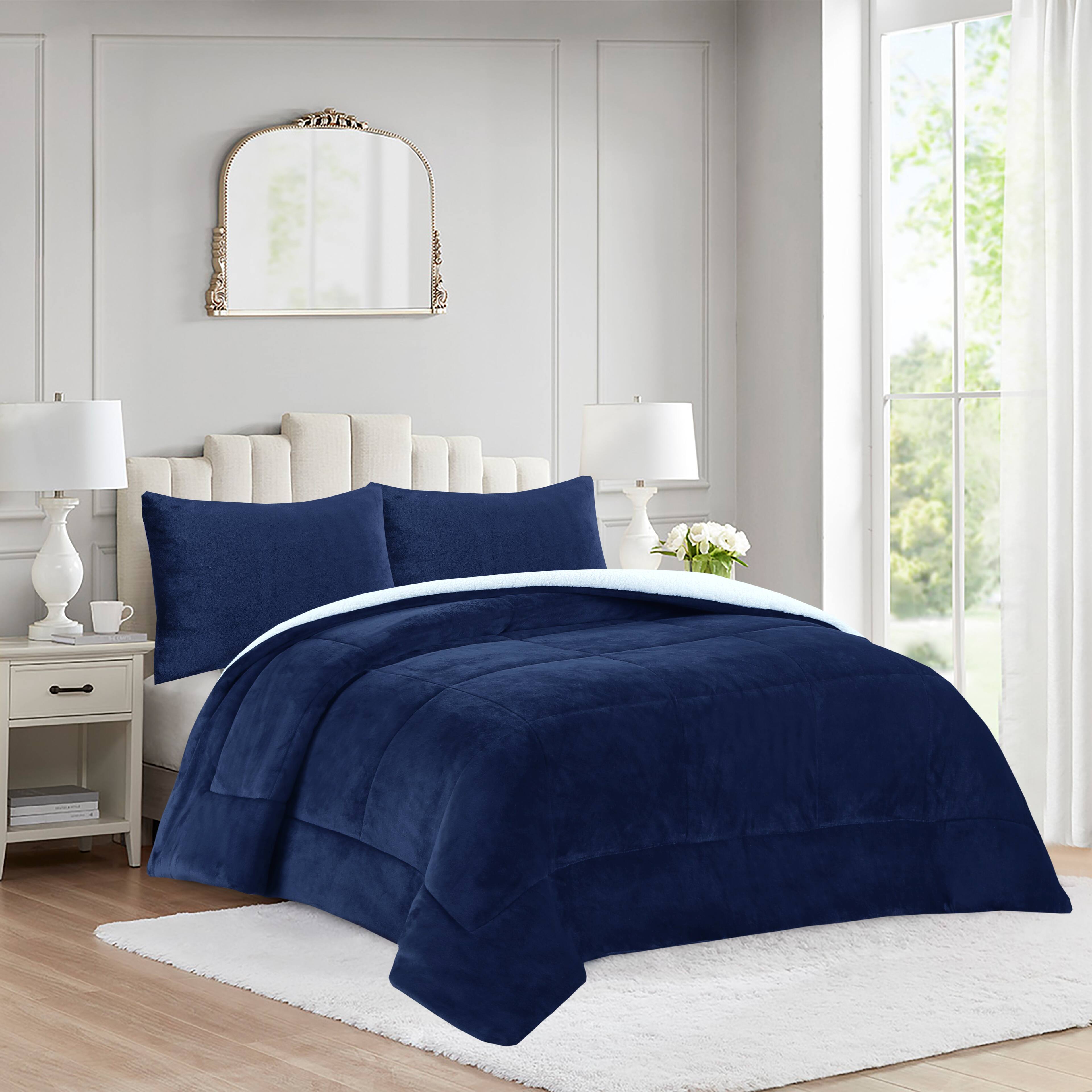 Angle. MarCielo - MarCielo 3 Piece Soft Micromink Fluffy Ultra Cozy Sherpa Comforter Set - Blue.