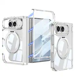 Dteck - for iPhone Duo Case with Magnetic Rotatable Ring Kickstand, Hinge Protection with Built-in Screen Cover - Clear